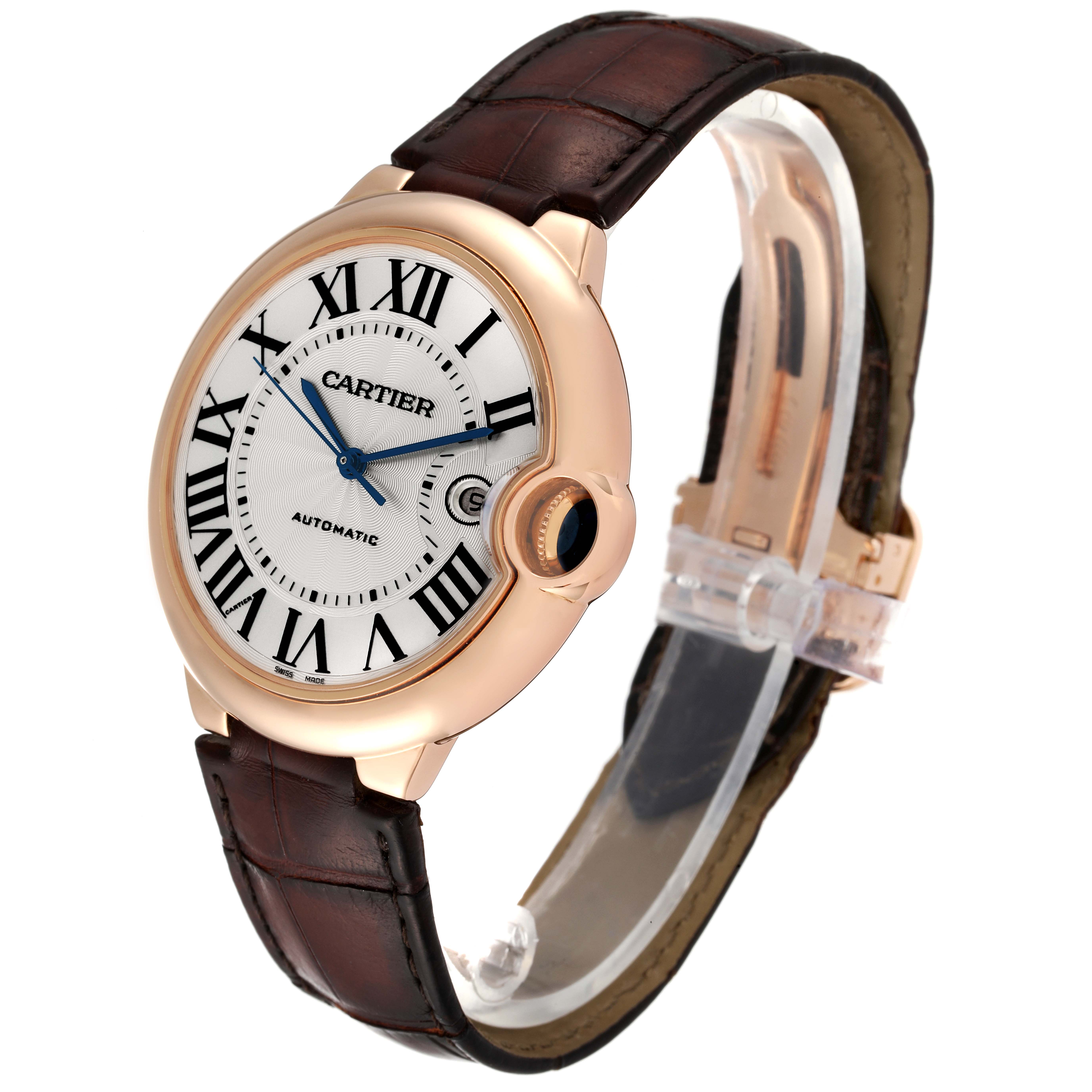 The Cartier Ballon Bleu W6900651 Men
s Rose Gold Silver Dial W6900651 Men
s Rose Gold Silver Dial watch is shown at an angle highlighting its round face, Roman numeral dial, and leather strap.