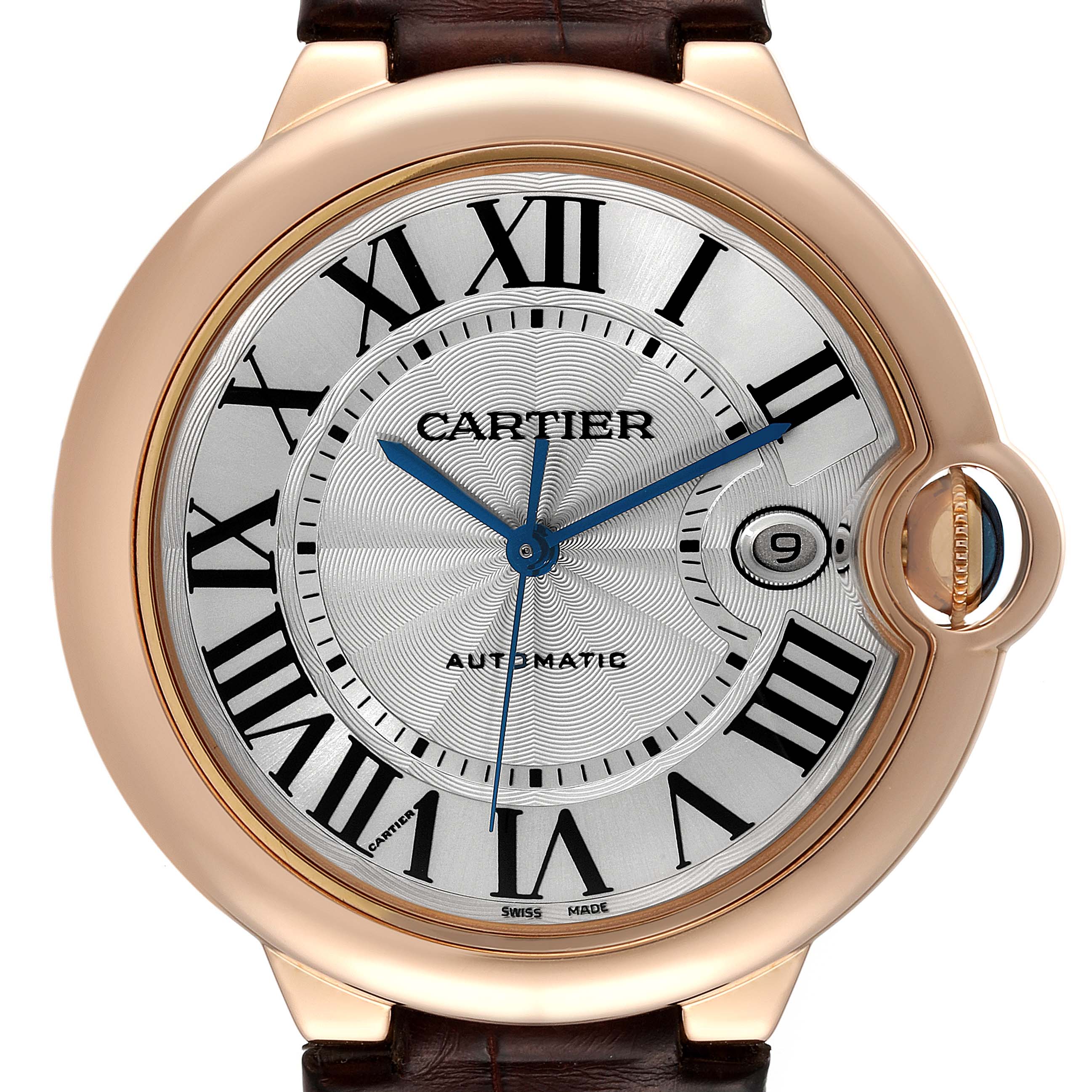 The image shows a close-up view of the Cartier Ballon Bleu W6900651 Men
s Rose Gold Silver Dial W6900651 Men
s Rose Gold Silver Dial watch, highlighting the dial and bezel.