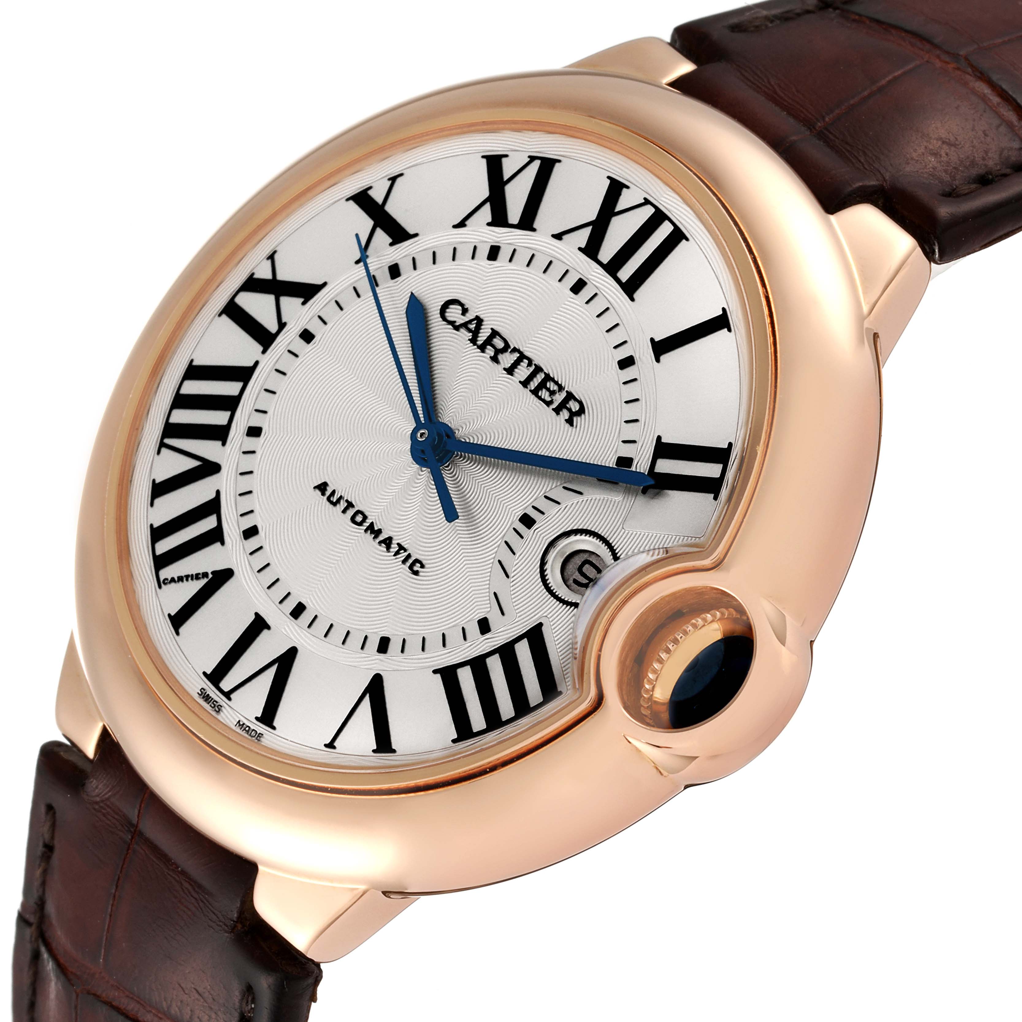 The image shows a Cartier Ballon Bleu W6900651 Men
s Rose Gold Silver Dial W6900651 Men
s Rose Gold Silver Dial watch at an oblique angle, highlighting its face, bezel, and leather strap.