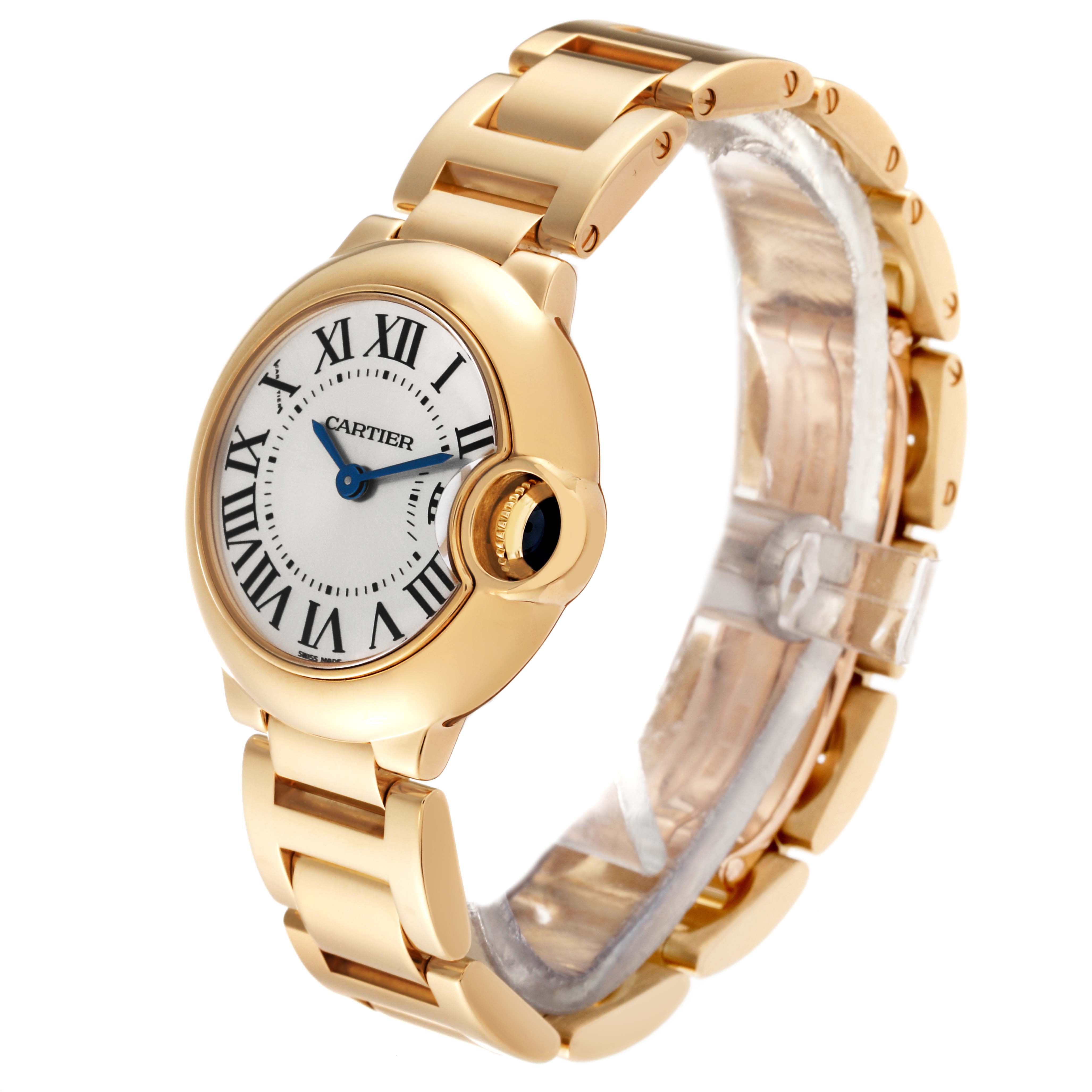The image shows a Cartier Ballon Bleu W69001Z2 Women's Yellow Gold Silver Dial W69001Z2 Women's Yellow Gold Silver Dial watch at a three-quarter angle, highlighting its round face and metal bracelet.