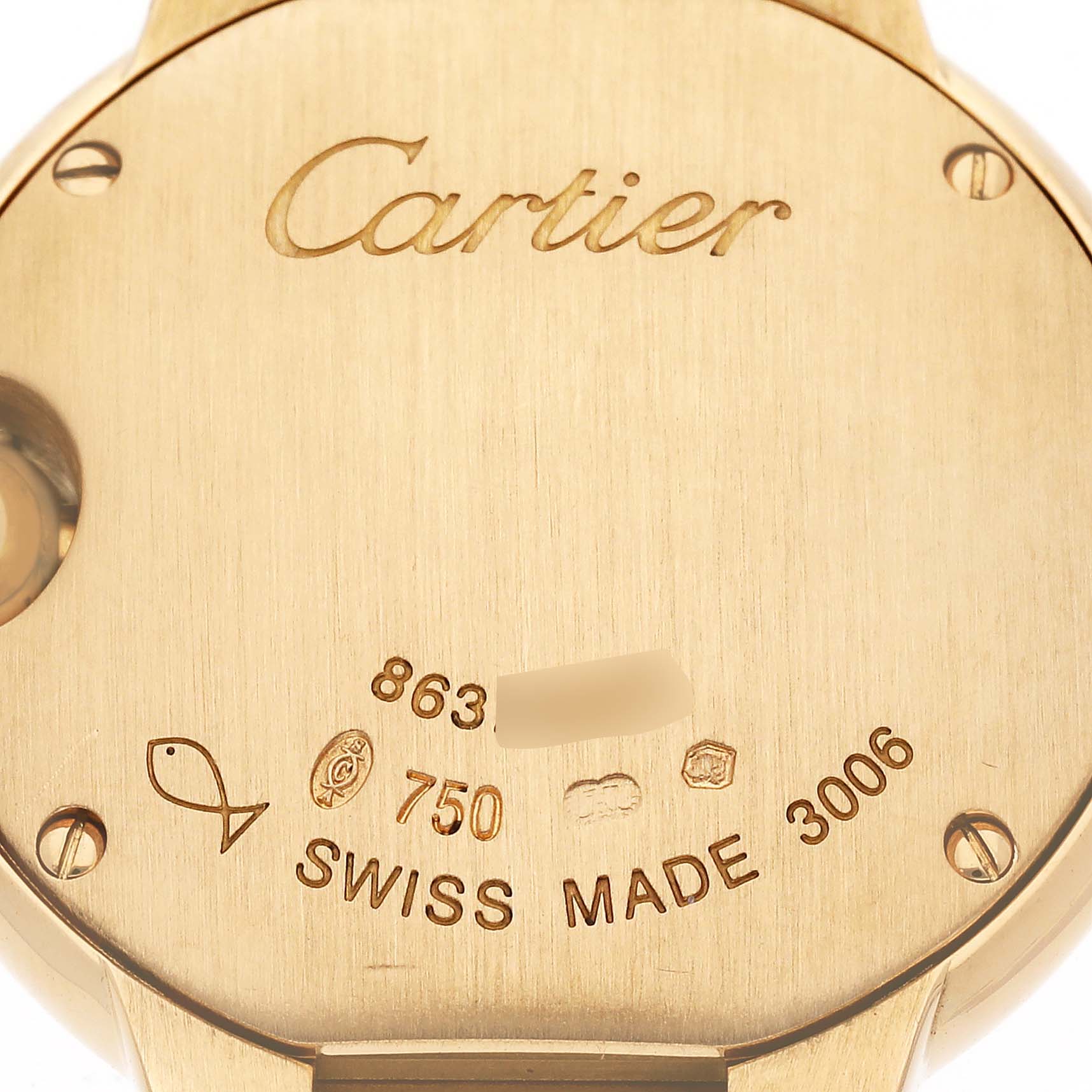 This image shows the back case of a Ballon Bleu model watch by Cartier featuring engravings.