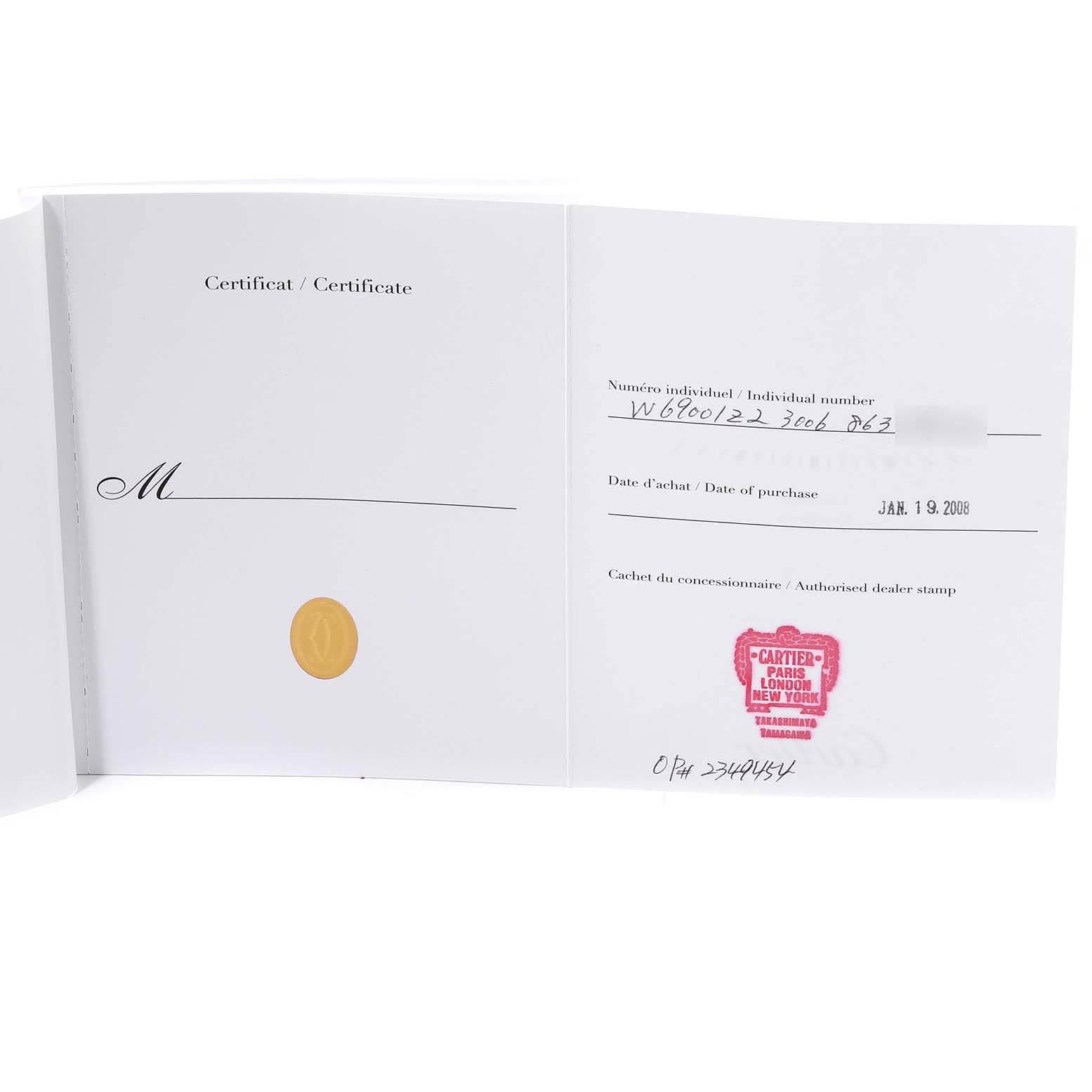 The image shows the certificate and authentication card for the Ballon Bleu model by Cartier.