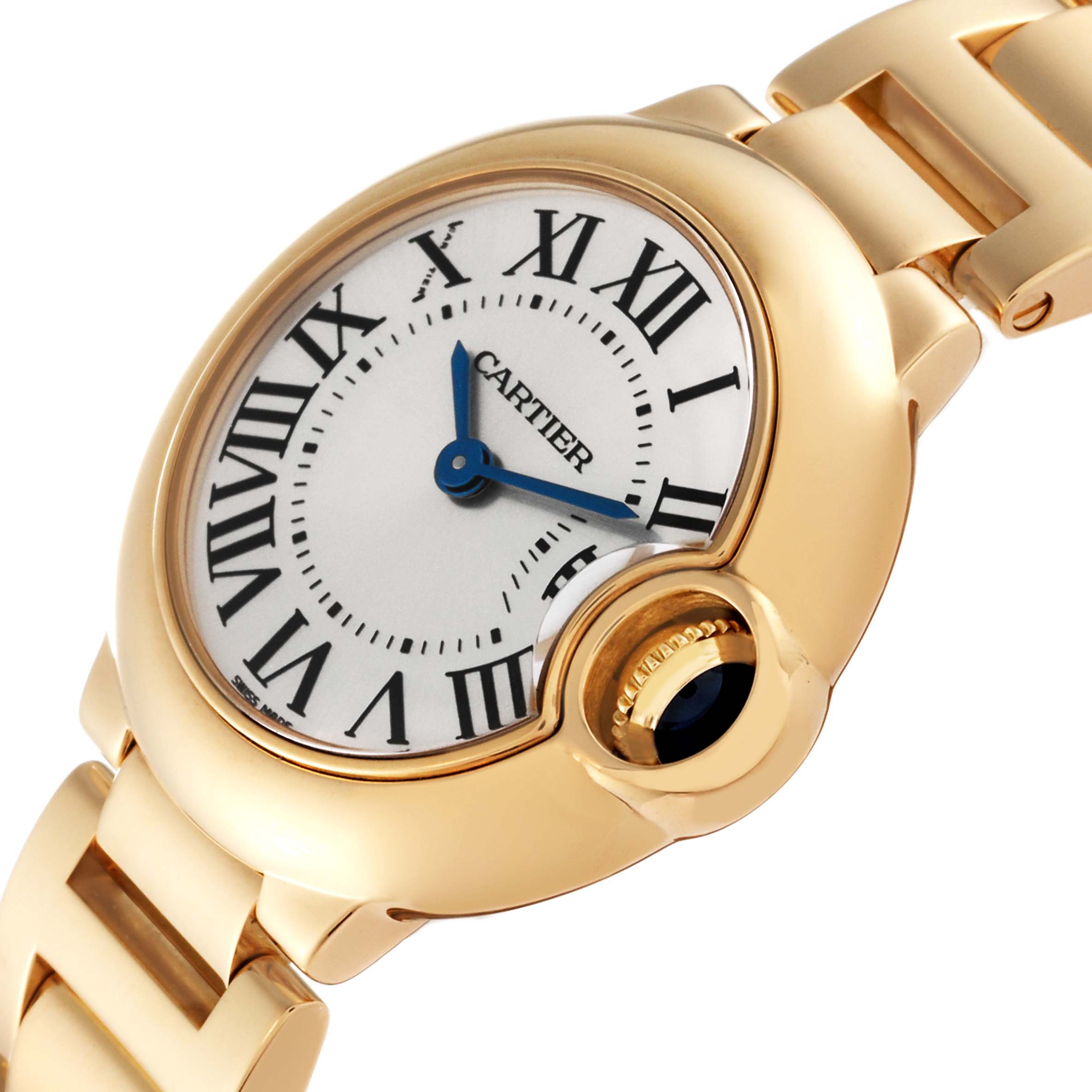 The image shows a close-up side angle of the Cartier Ballon Bleu W69001Z2 Women's Yellow Gold Silver Dial W69001Z2 Women's Yellow Gold Silver Dial watch, highlighting the face, crown, and bracelet.