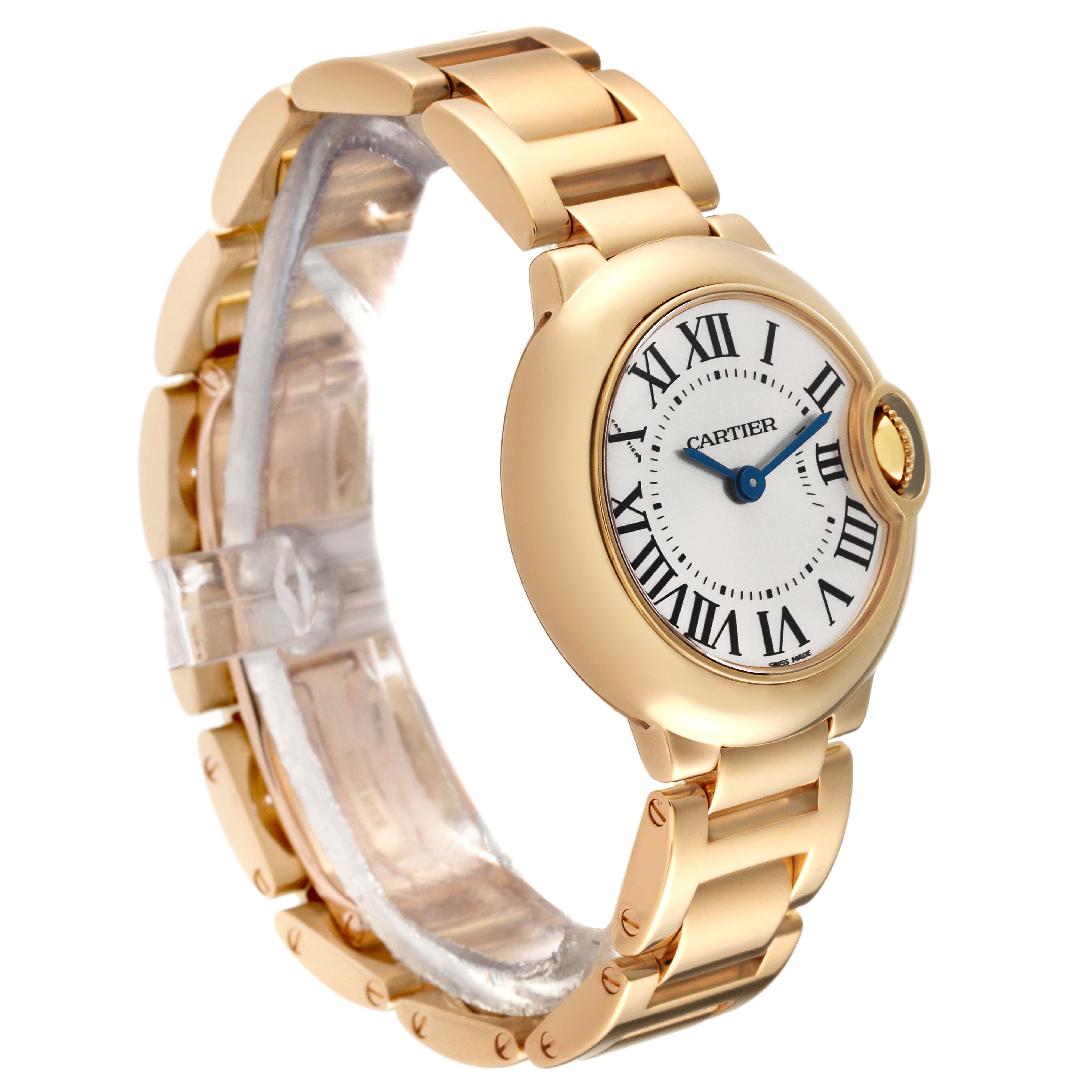 The image shows a Cartier Ballon Bleu W69001Z2 Women's Yellow Gold Silver Dial W69001Z2 Women's Yellow Gold Silver Dial watch at an angle highlighting the side view of the band and the face with Roman numerals.