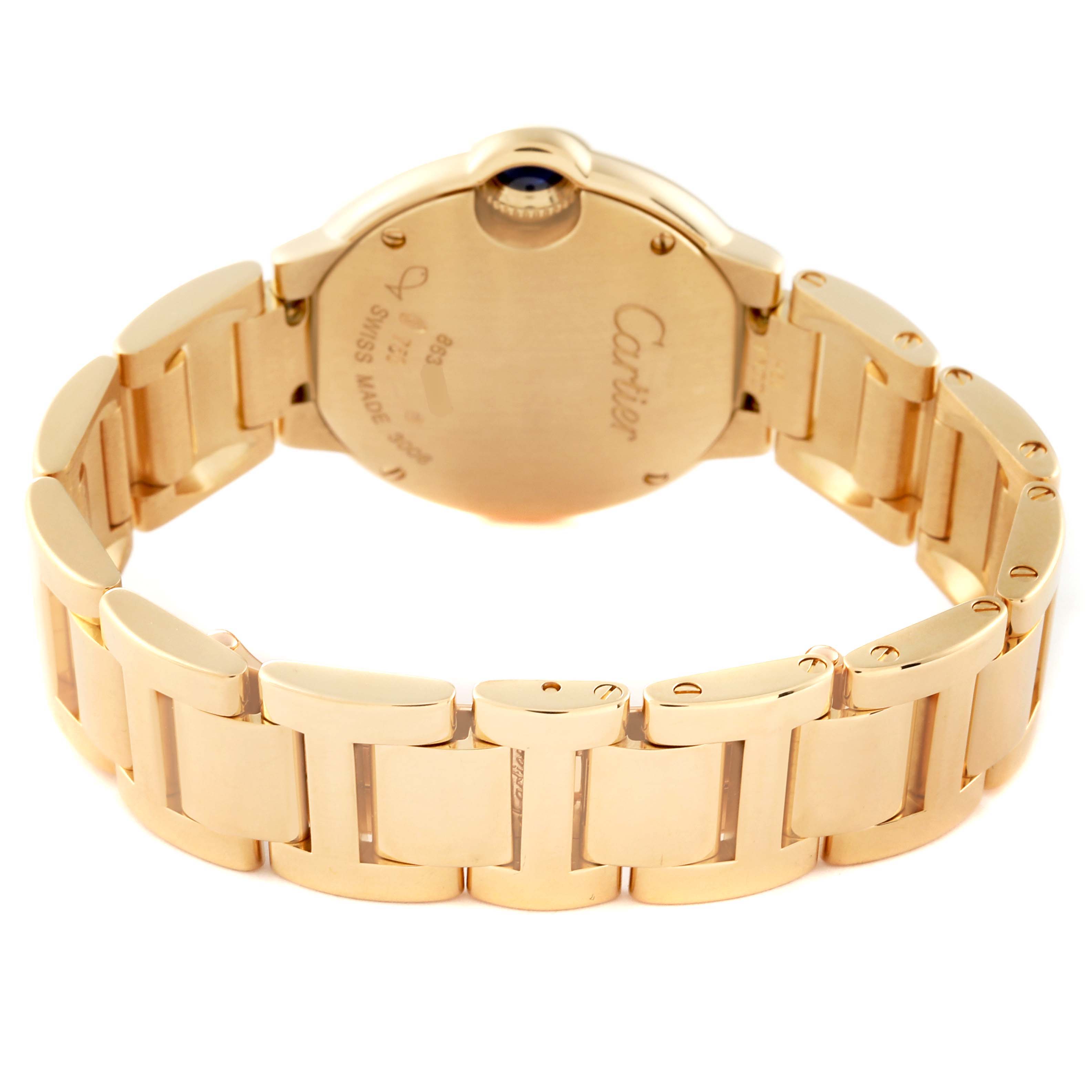 The image shows a rear view of the Cartier Ballon Bleu W69001Z2 Women's Yellow Gold Silver Dial W69001Z2 Women's Yellow Gold Silver Dial watch, highlighting its gold bracelet and back case.