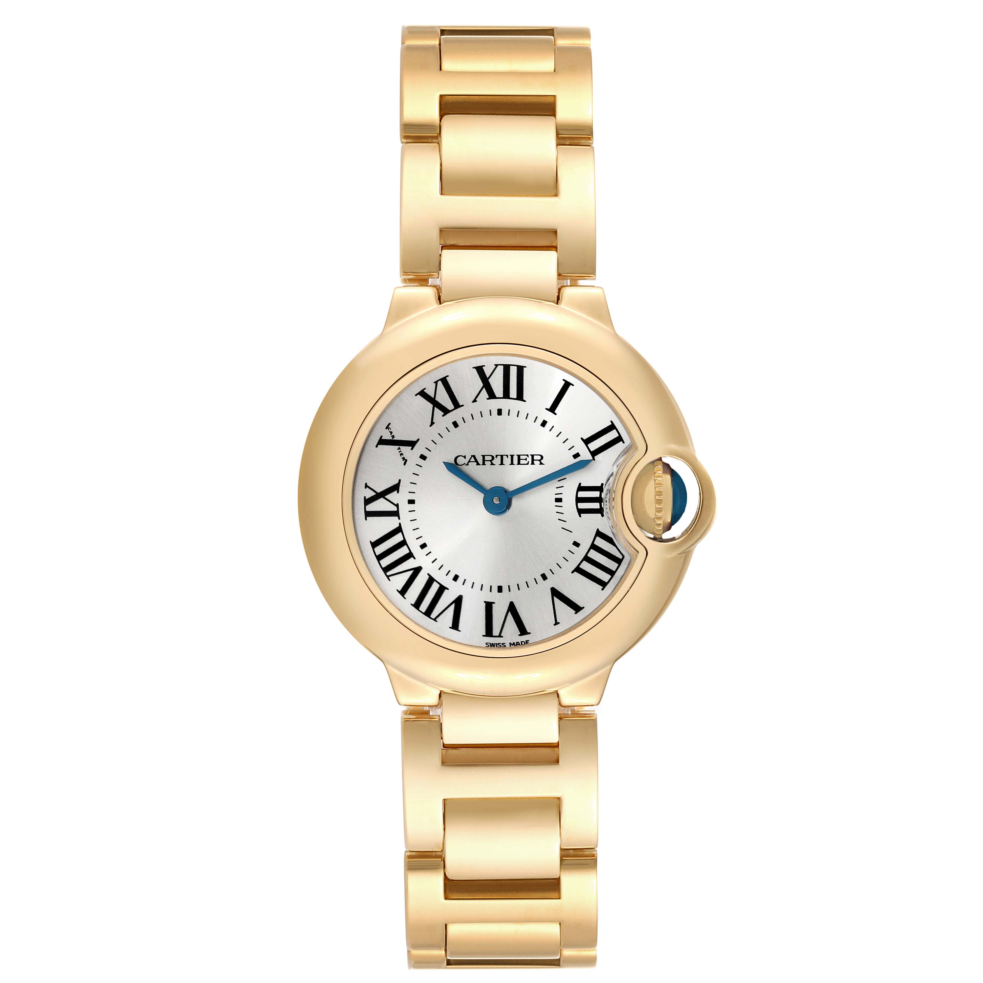 This image shows a front view of the Ballon Bleu watch by Cartier, highlighting the round dial, Roman numerals, and metal bracelet.