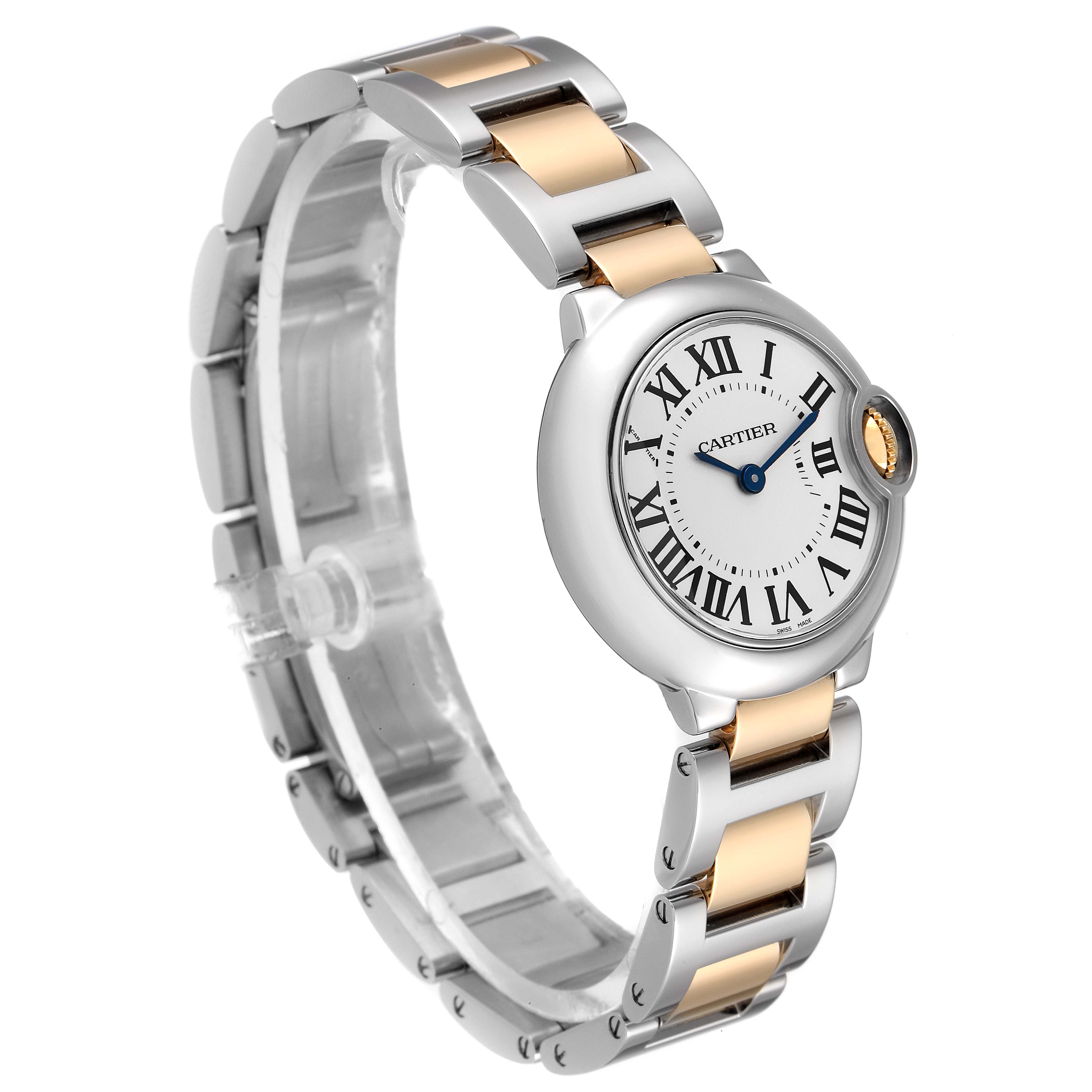 This image shows a side view of a Cartier Ballon Bleu W2BB0010 Women's Steel and Gold (two tone) Silver Dial W2BB0010 Women's Steel and Gold (two tone) Silver Dial watch, displaying the face, bracelet, and crown detail.