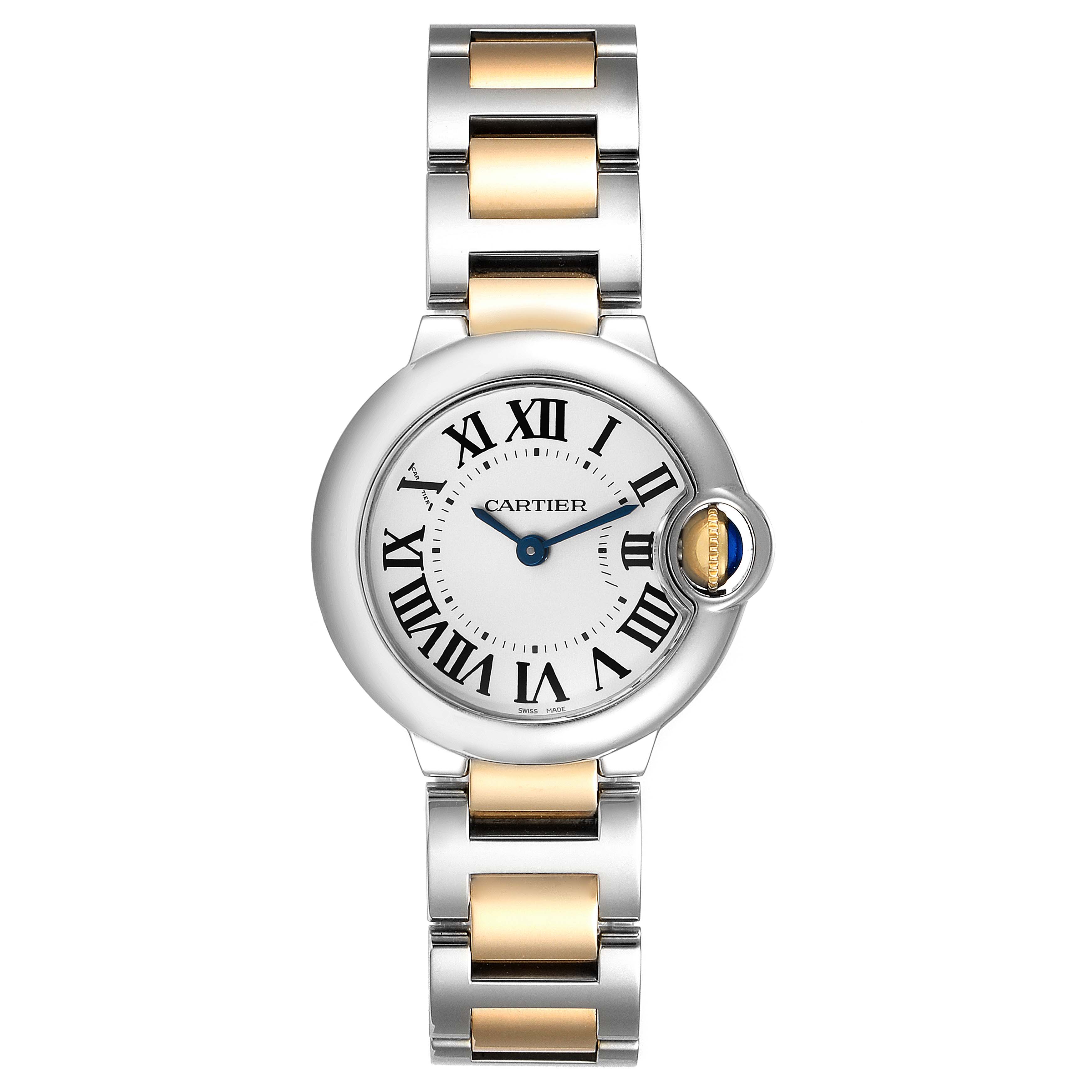 The image displays a Cartier Ballon Bleu W2BB0010 Women's Steel and Gold (two tone) Silver Dial W2BB0010 Women's Steel and Gold (two tone) Silver Dial watch from a front angle, showcasing its face and two-tone bracelet.