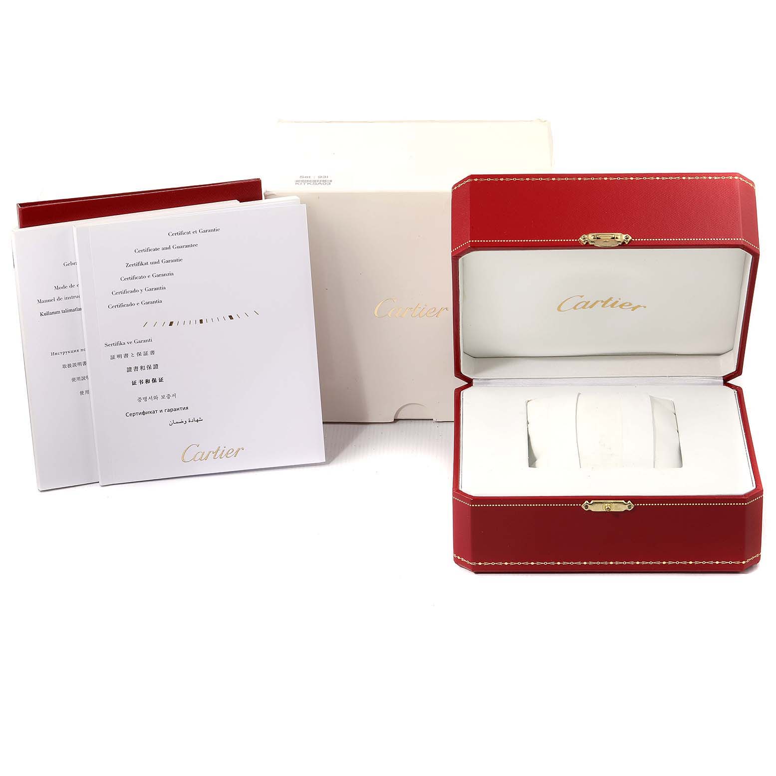 The image shows a Cartier Ballon Bleu W2BB0010 Women's Steel and Gold (two tone) Silver Dial W2BB0010 Women's Steel and Gold (two tone) Silver Dial watch box, outer box, and paperwork from a straight-on angle.