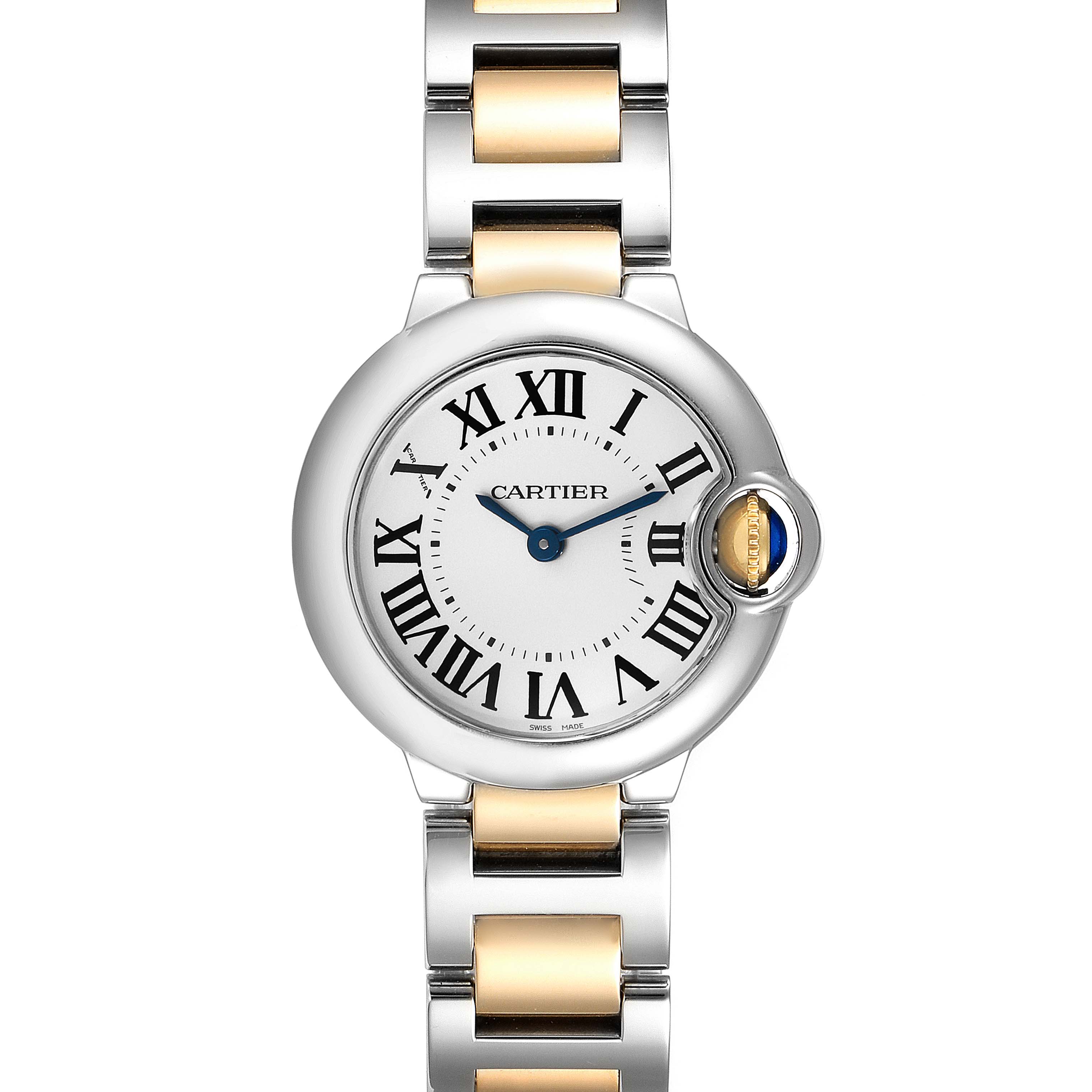 The image shows a top-down view of a Cartier Ballon Bleu W2BB0010 Women's Steel and Gold (two tone) Silver Dial W2BB0010 Women's Steel and Gold (two tone) Silver Dial watch, displaying its round face, Roman numerals, and two-tone bracelet.