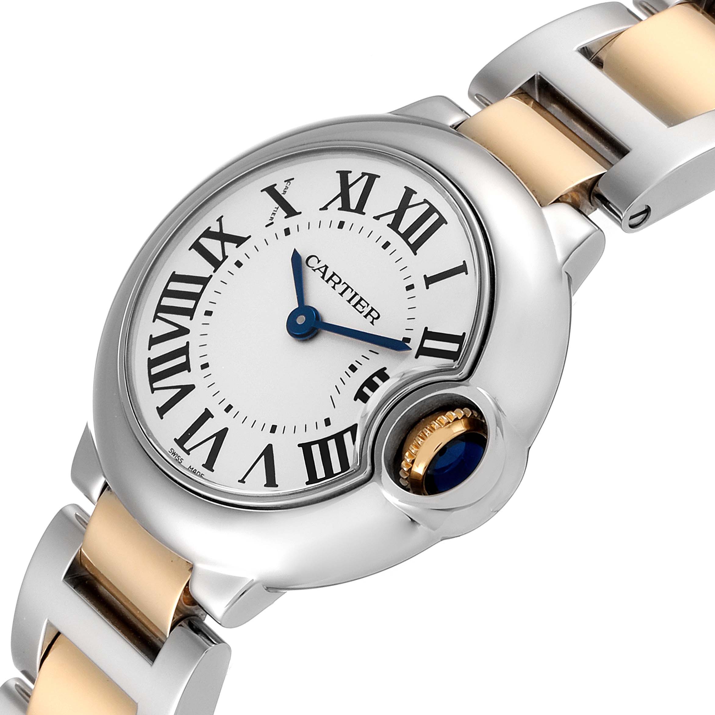 This image shows a close-up of a Cartier Ballon Bleu W2BB0010 Women's Steel and Gold (two tone) Silver Dial W2BB0010 Women's Steel and Gold (two tone) Silver Dial watch face and part of its two-tone metal bracelet.