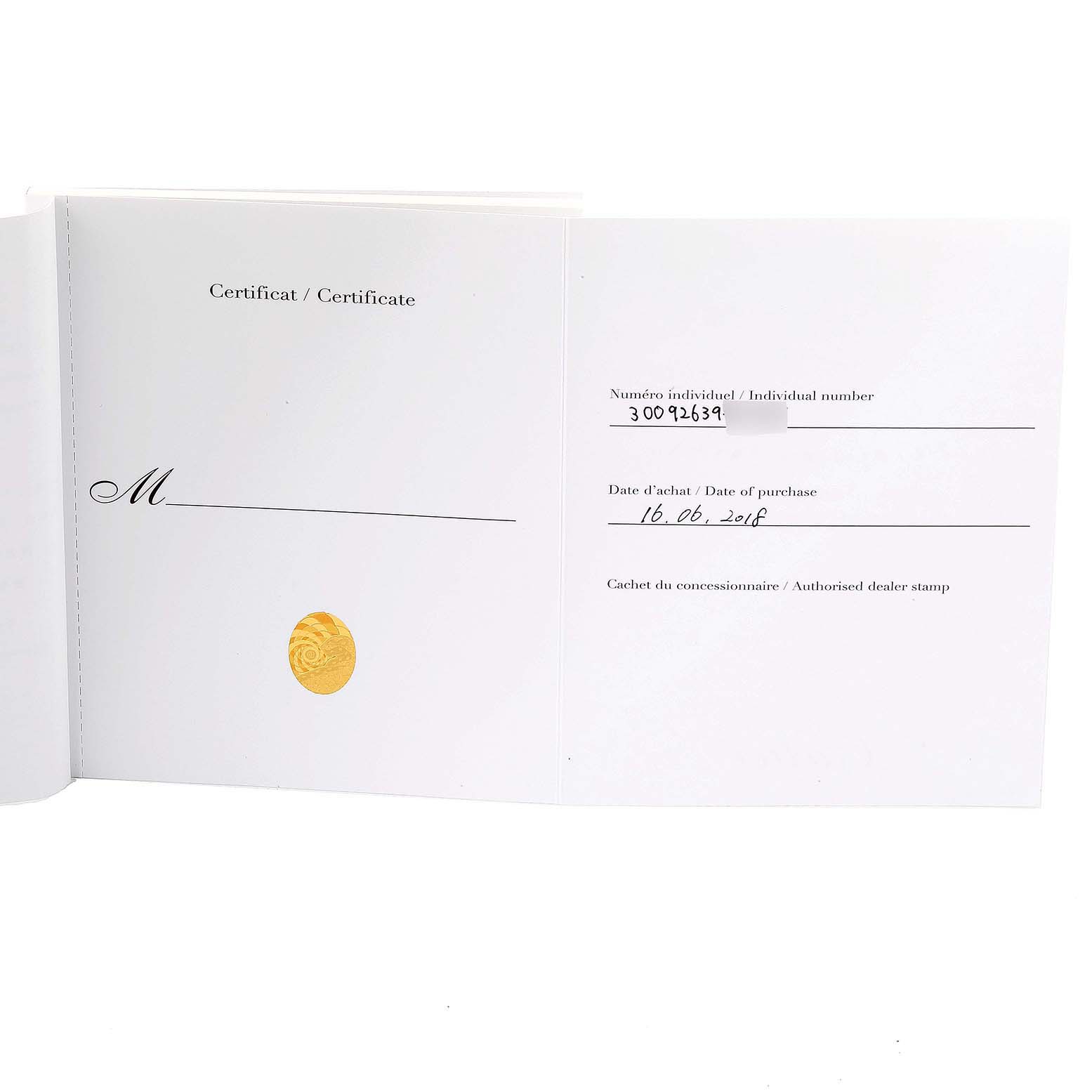 This image shows the certificate of authenticity for a Cartier Ballon Bleu W2BB0010 Women's Steel and Gold (two tone) Silver Dial W2BB0010 Women's Steel and Gold (two tone) Silver Dial watch, detailing its individual number and purchase date.