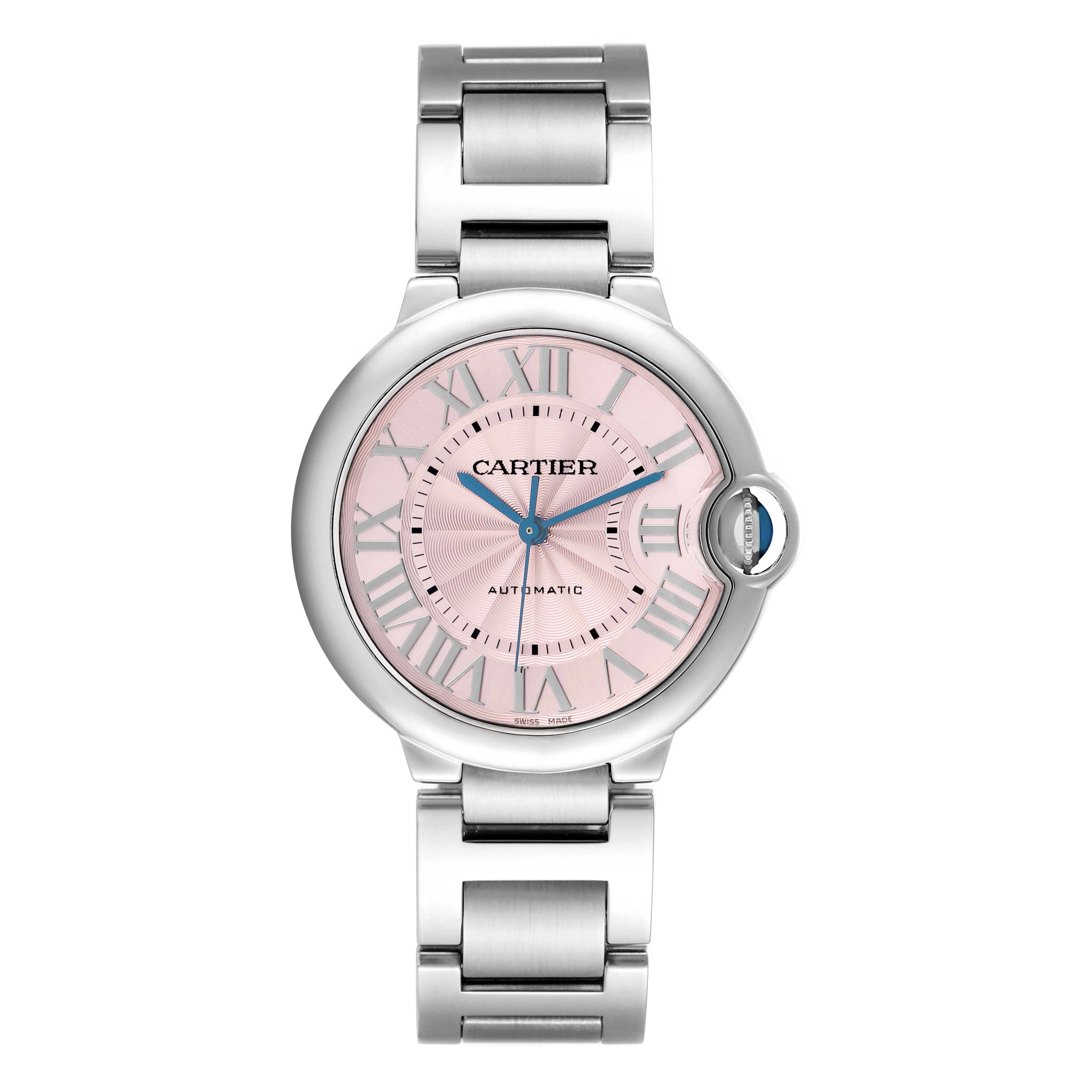 The Cartier Ballon Bleu W6920041 Women's Stainless Steel Pink Dial watch is shown from the front, displaying its dial, bezel, and bracelet.