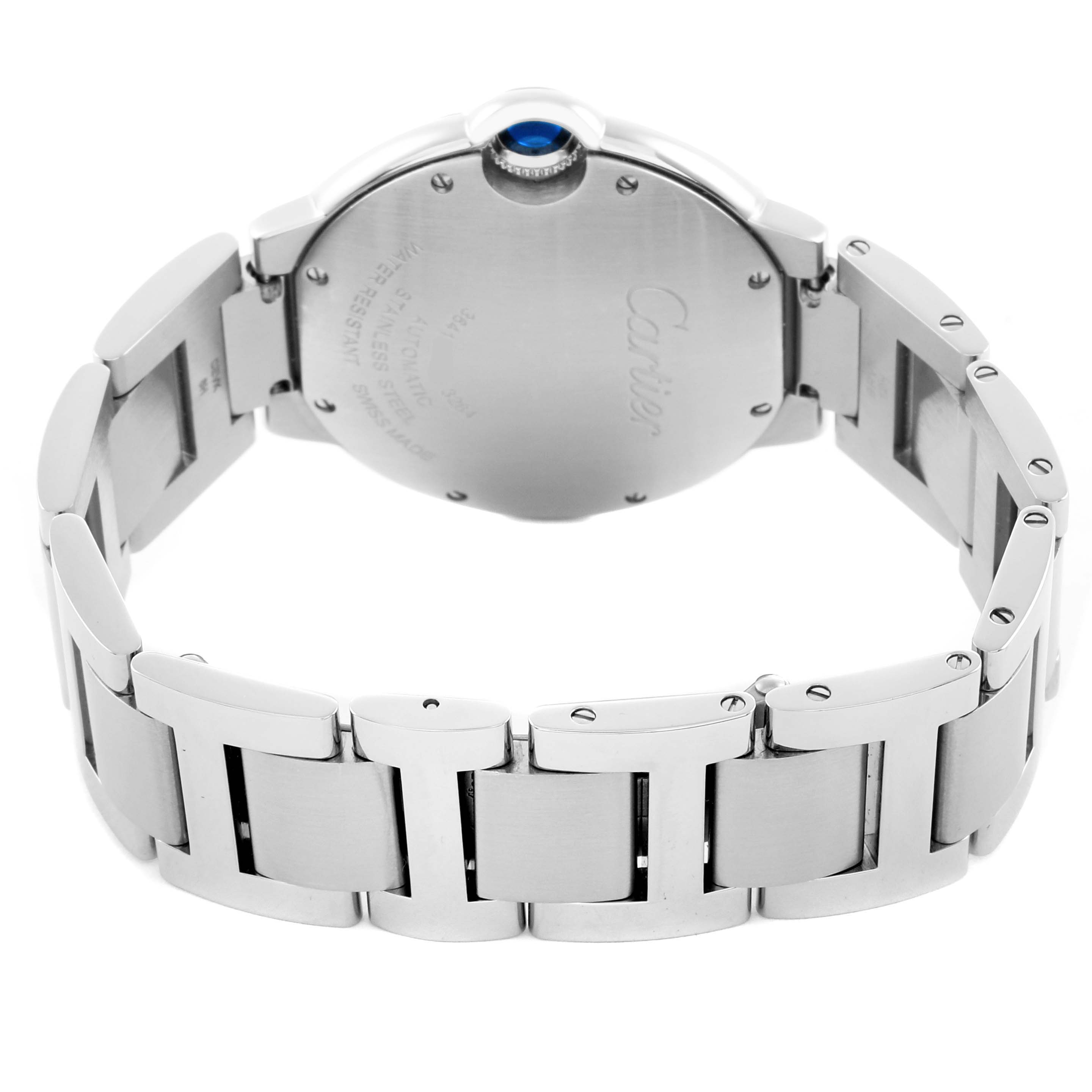 The image shows the back view and bracelet of a Cartier Ballon Bleu W6920041 Women's Stainless Steel Pink Dial watch, highlighting the clasp and caseback.