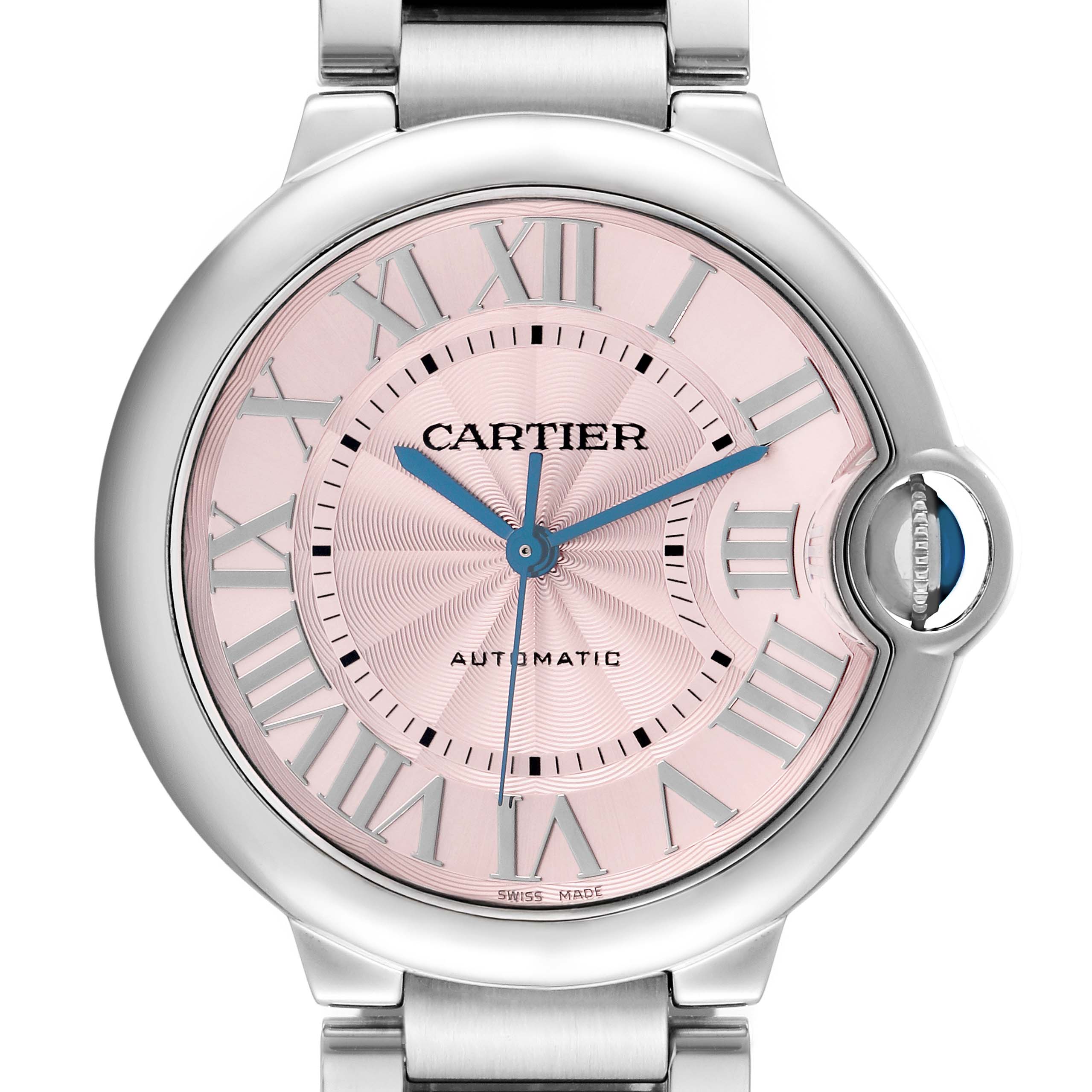 The Cartier Ballon Bleu W6920041 Women's Stainless Steel Pink Dial watch is shown from a front angle, highlighting its pink dial, roman numerals, and crown with a blue cabochon.