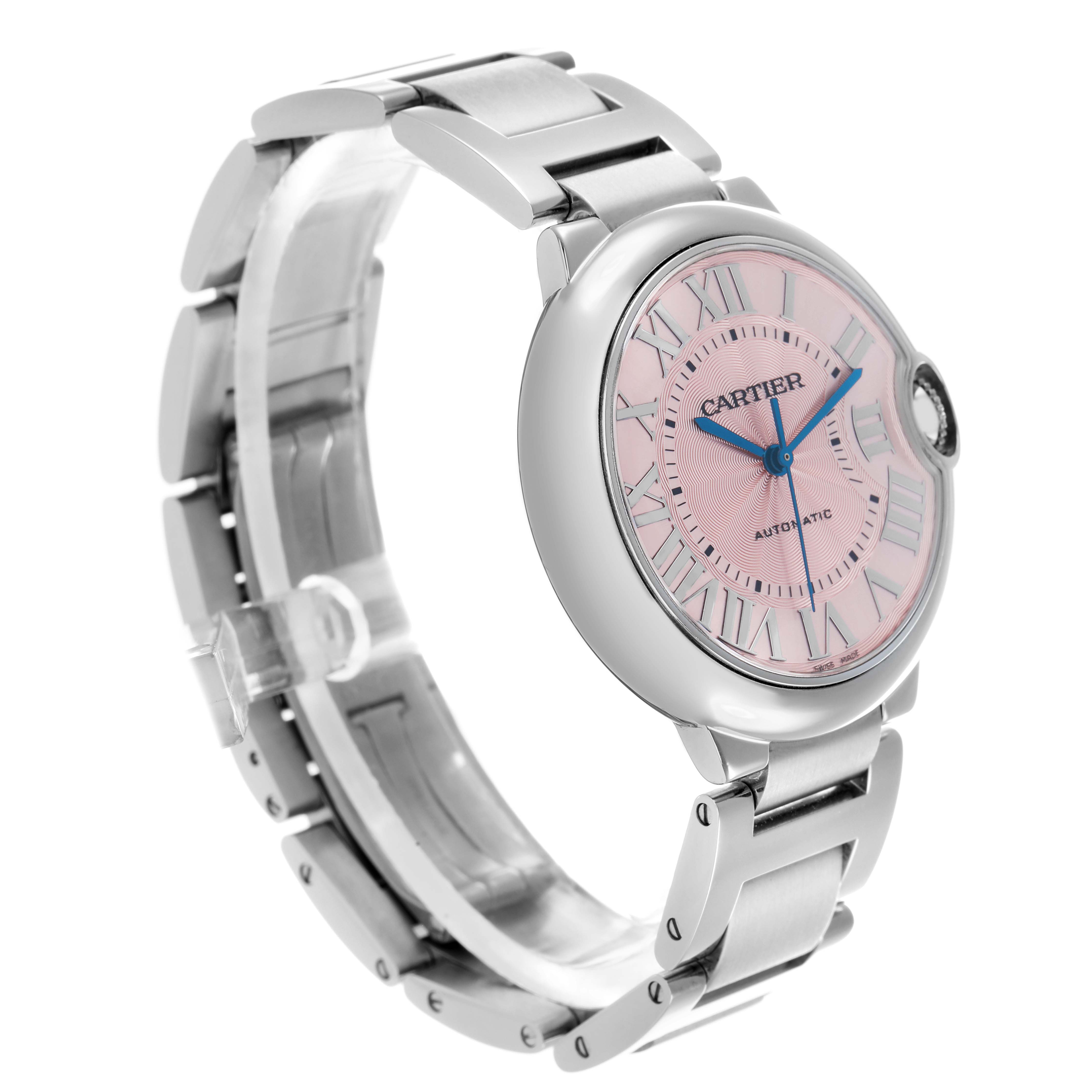 The Cartier Ballon Bleu W6920041 Women's Stainless Steel Pink Dial watch is shown at a side angle, highlighting the case, pink dial, blue hands, and metal bracelet.