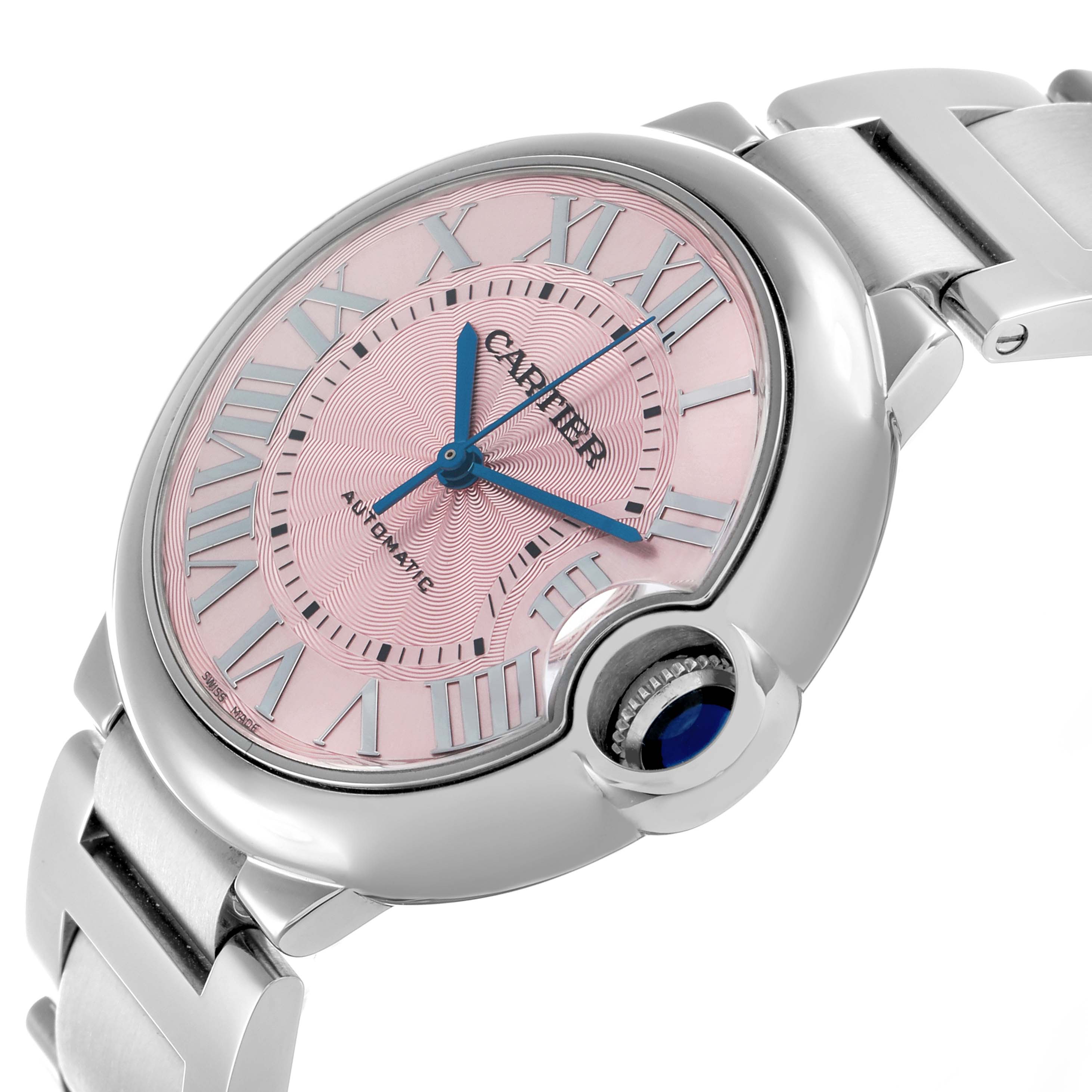 The Cartier Ballon Bleu W6920041 Women's Stainless Steel Pink Dial watch is shown from a side angle, highlighting its pink dial, blue hands, and crown with a blue cabochon.