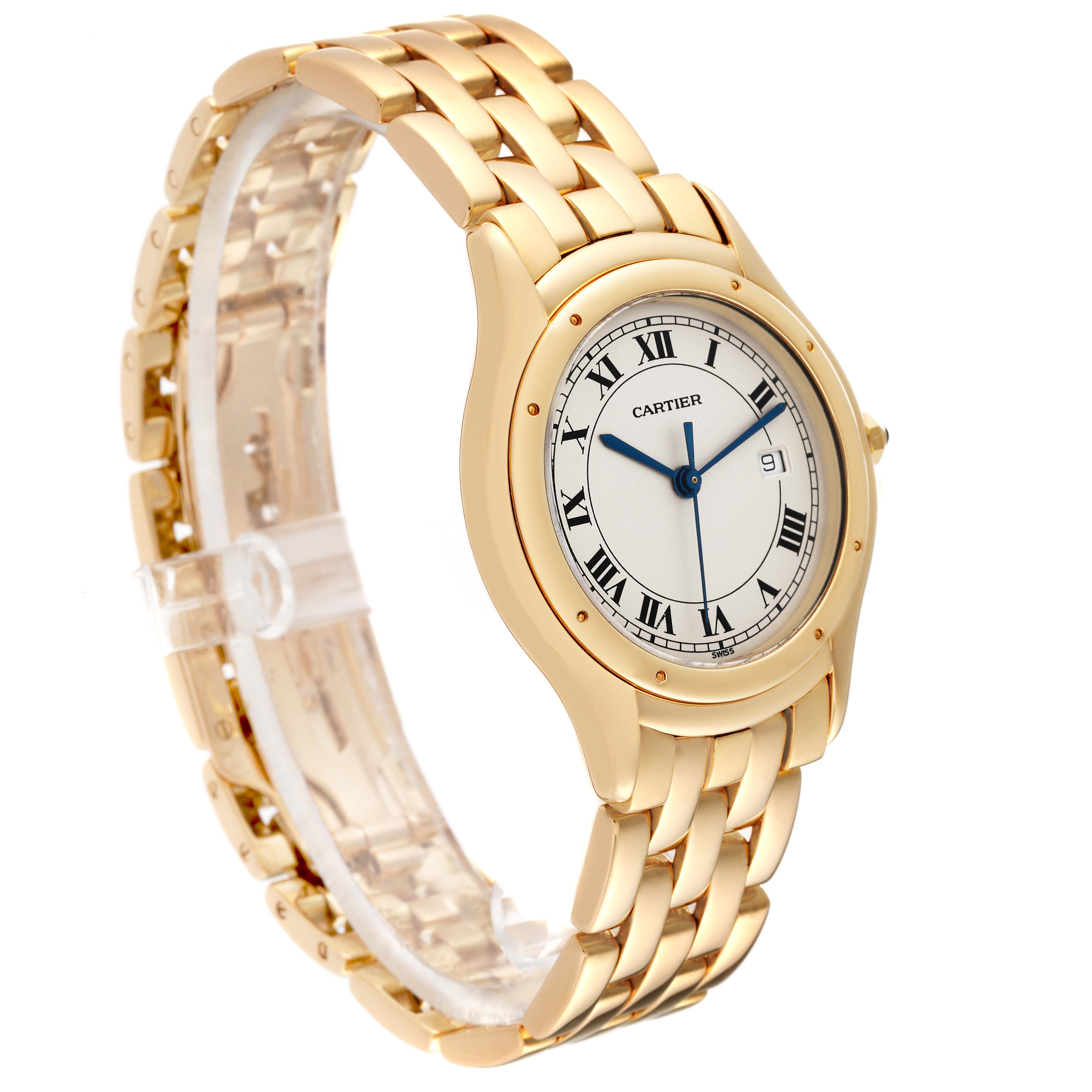 The image shows a Panthère model by Cartier at a three-quarter angle, highlighting the gold bracelet, case, and white dial with Roman numerals.