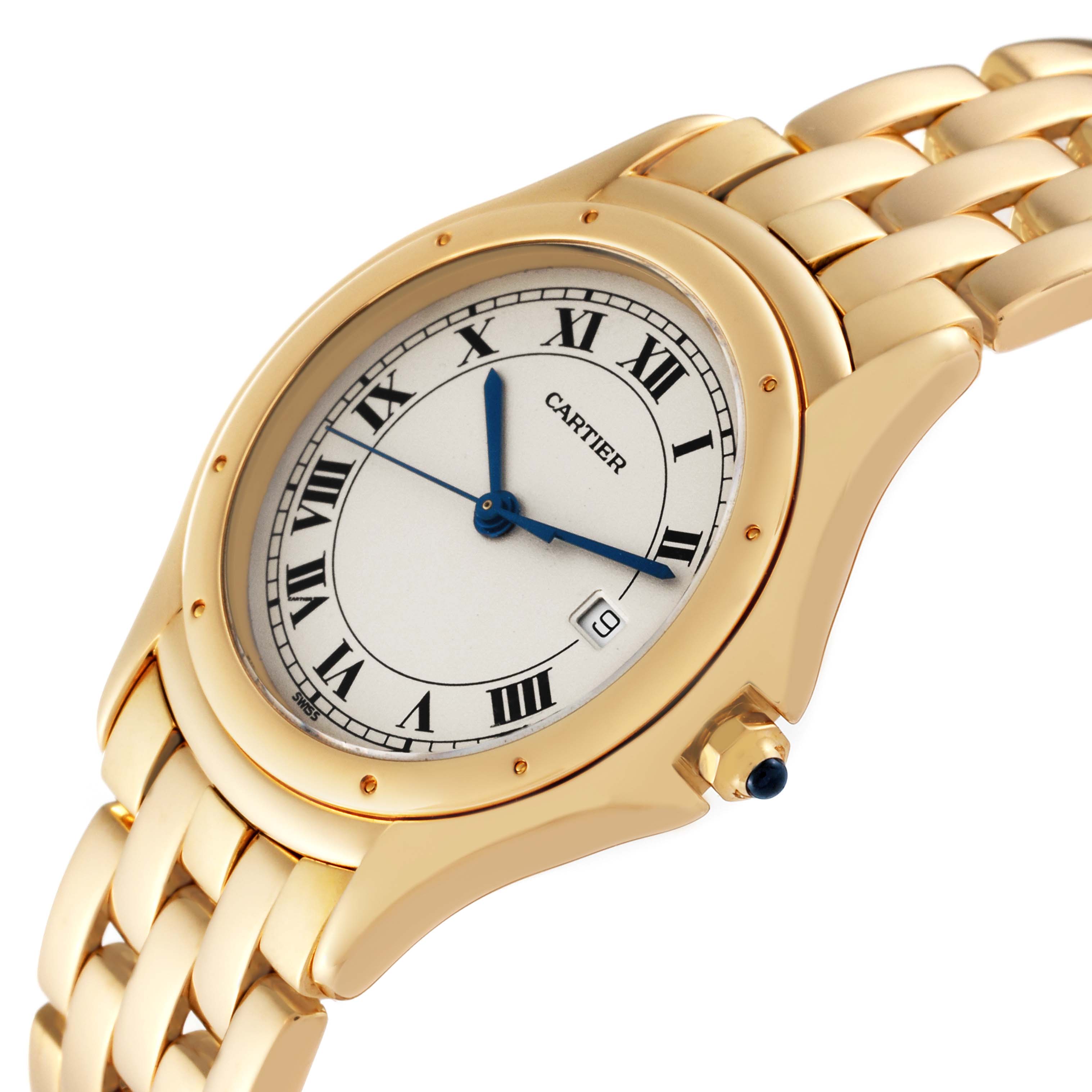 The image shows a close-up angled view of the Cartier Panthere W25013B9 Women's Yellow Gold Silver Dial W25013B9 Women's Yellow Gold Silver Dial watch, highlighting its face, bezel, and a portion of the bracelet.