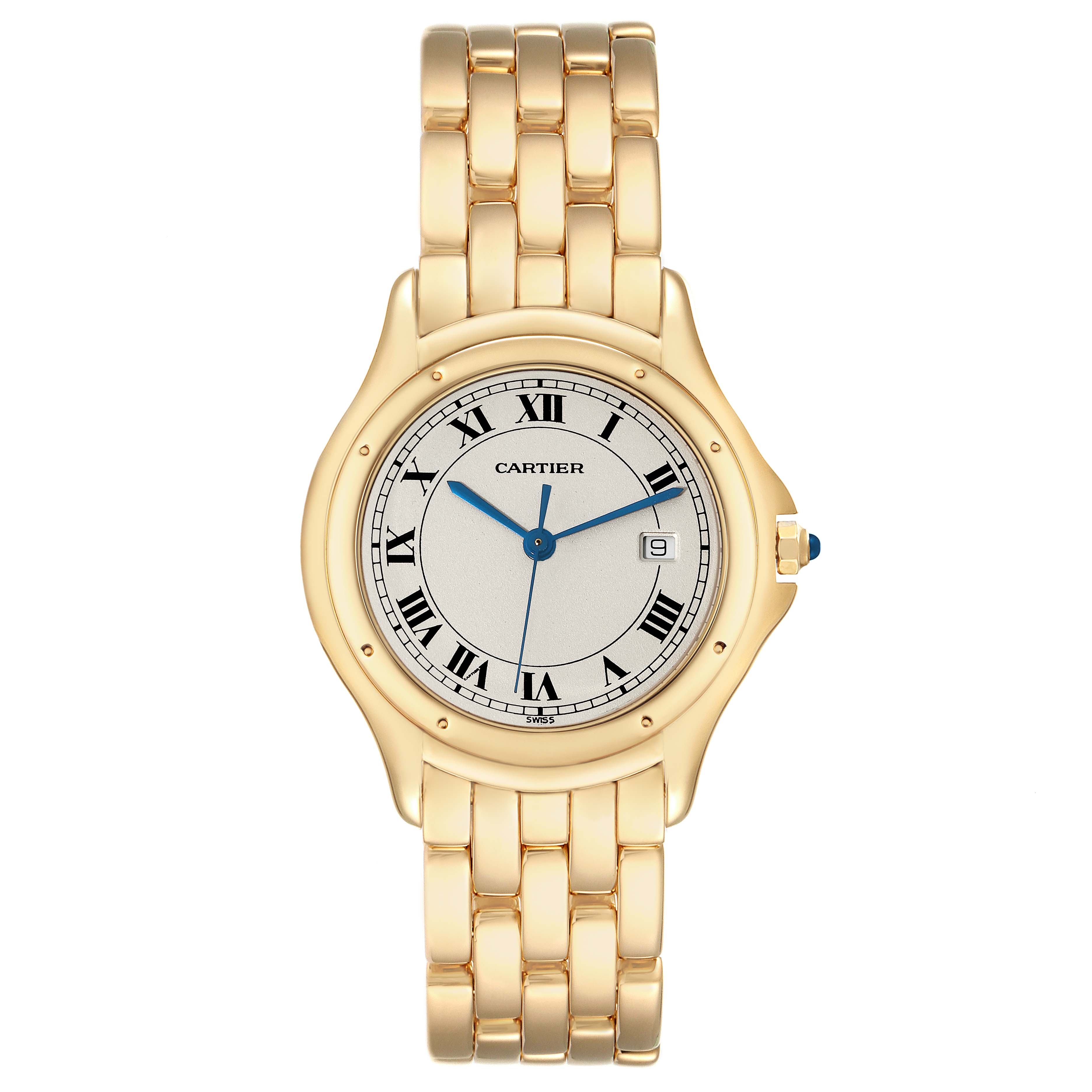 This image shows a frontal view of a Cartier Panthère watch, highlighting its gold casing, bracelet, and dial with Roman numerals.
