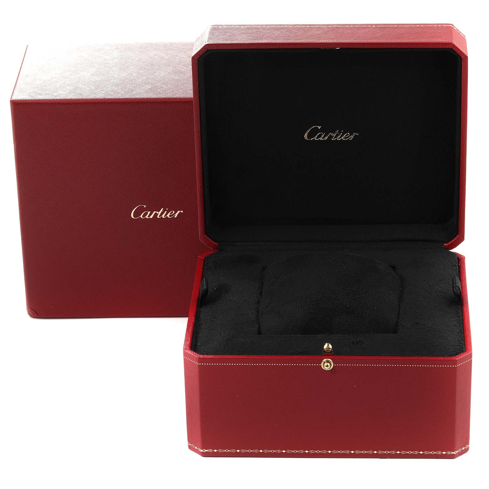 This image shows the open and closed red packaging box for a Panthère de Cartier watch by Cartier.