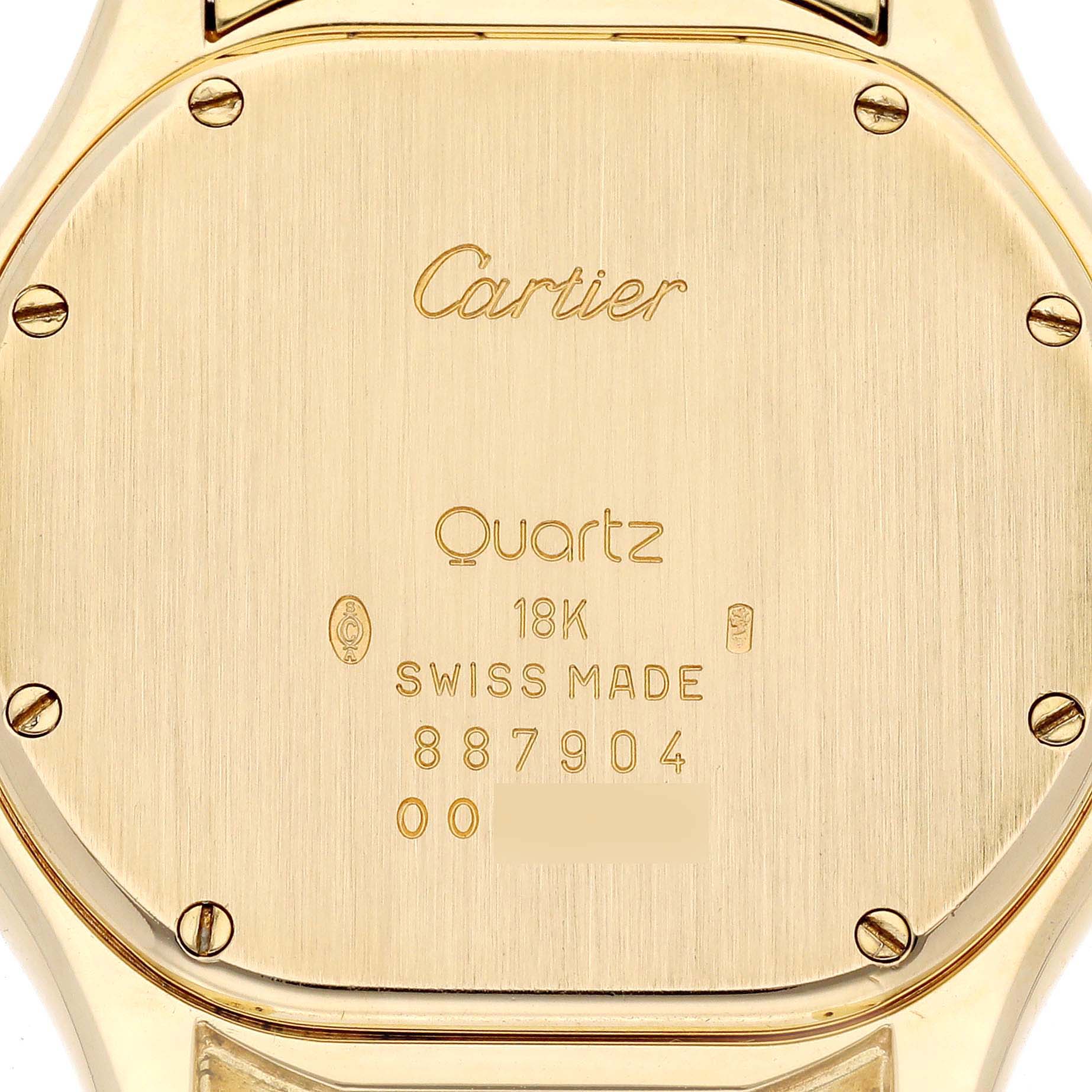 This image shows the back of a Cartier Panthere W25013B9 Women's Yellow Gold Silver Dial W25013B9 Women's Yellow Gold Silver Dial watch, highlighting its engraved markings and screws.
