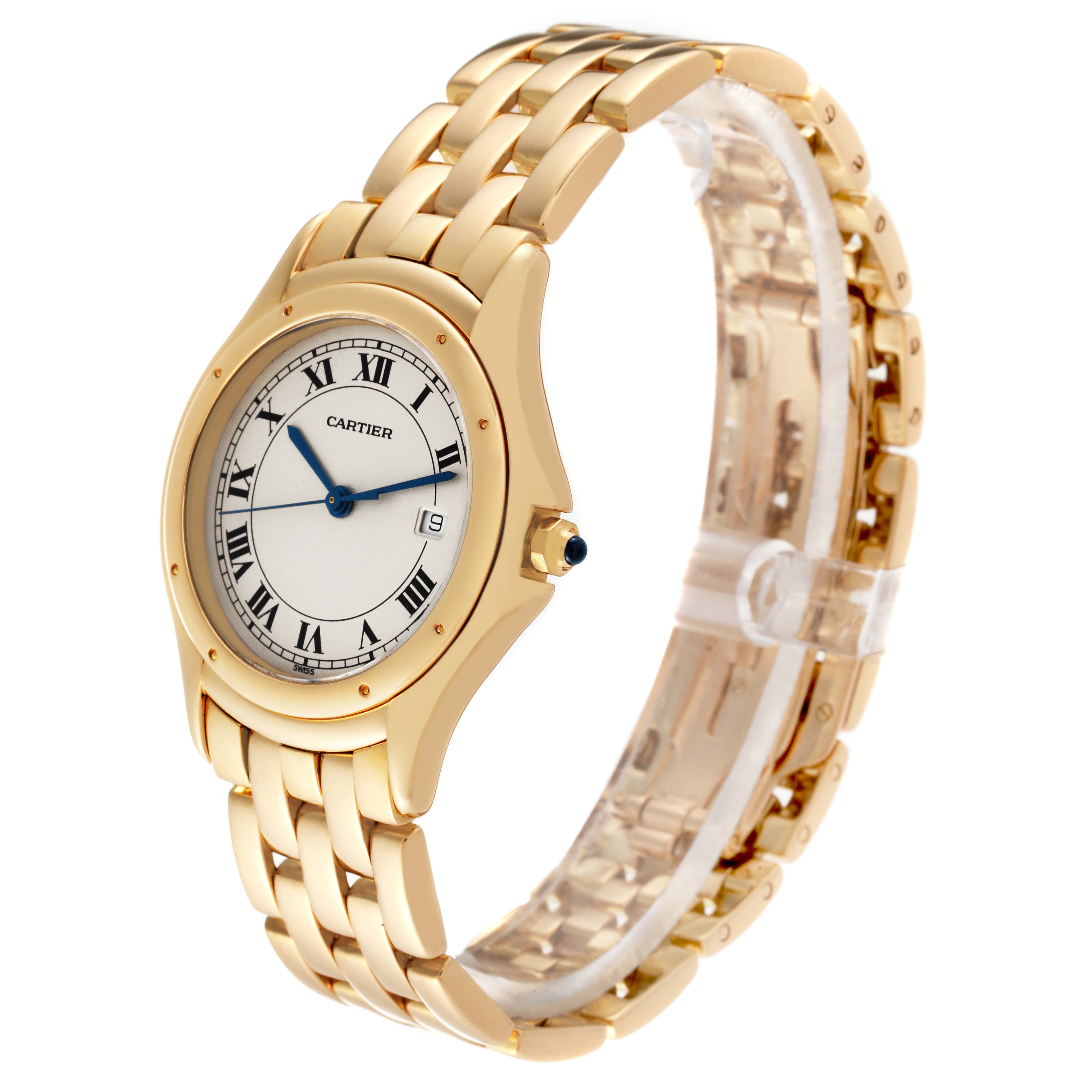 The image shows a side angle of the Cartier Panthere W25013B9 Women's Yellow Gold Silver Dial W25013B9 Women's Yellow Gold Silver Dial model watch, highlighting its face, bezel, and bracelet.