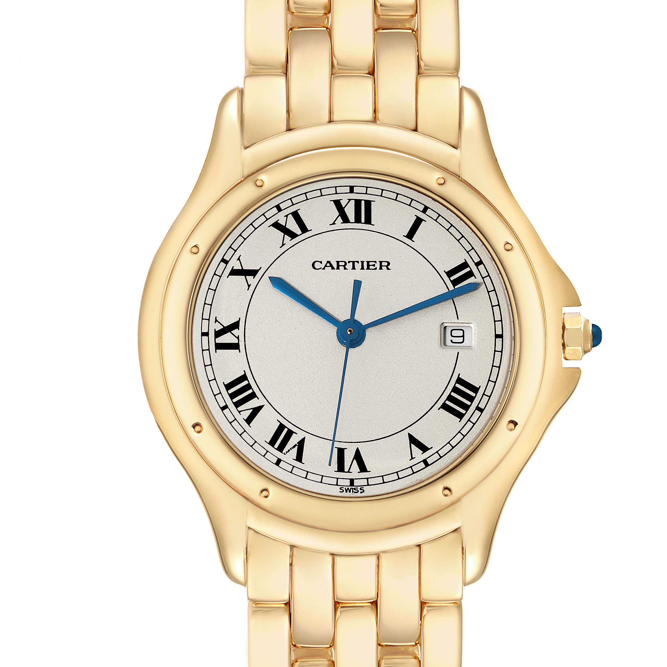 This is a front view of a Cartier Panthere W25013B9 Women's Yellow Gold Silver Dial W25013B9 Women's Yellow Gold Silver Dial model watch showing the dial, bezel, bracelet, and crown.
