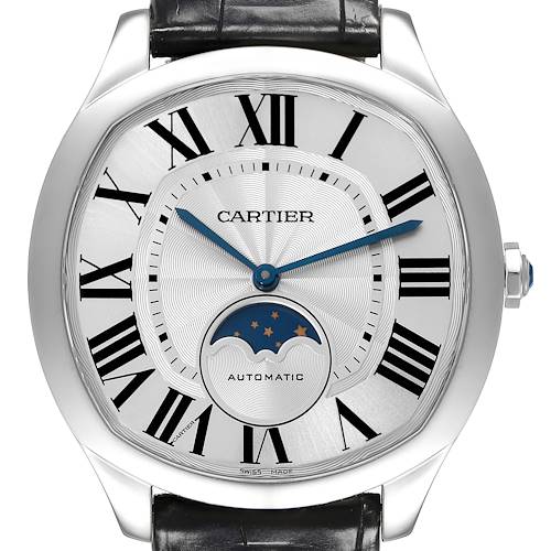 This image shows a front view of a Drive de Cartier watch by Cartier, displaying its dial, Roman numerals, moon phase indicator, and hands.