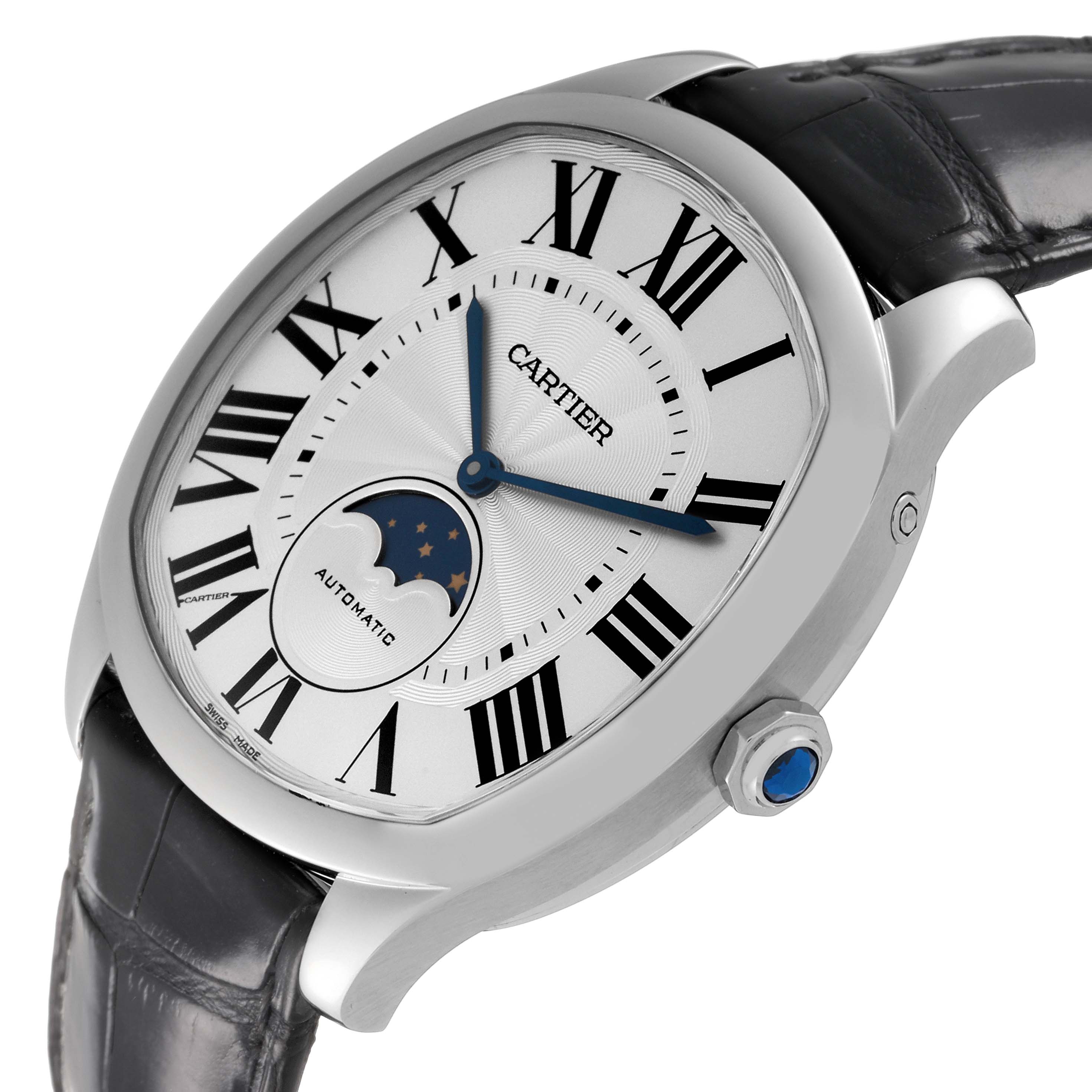 The Drive de Cartier watch by Cartier is shown at an angled view emphasizing its dial, case, crown, and leather strap.