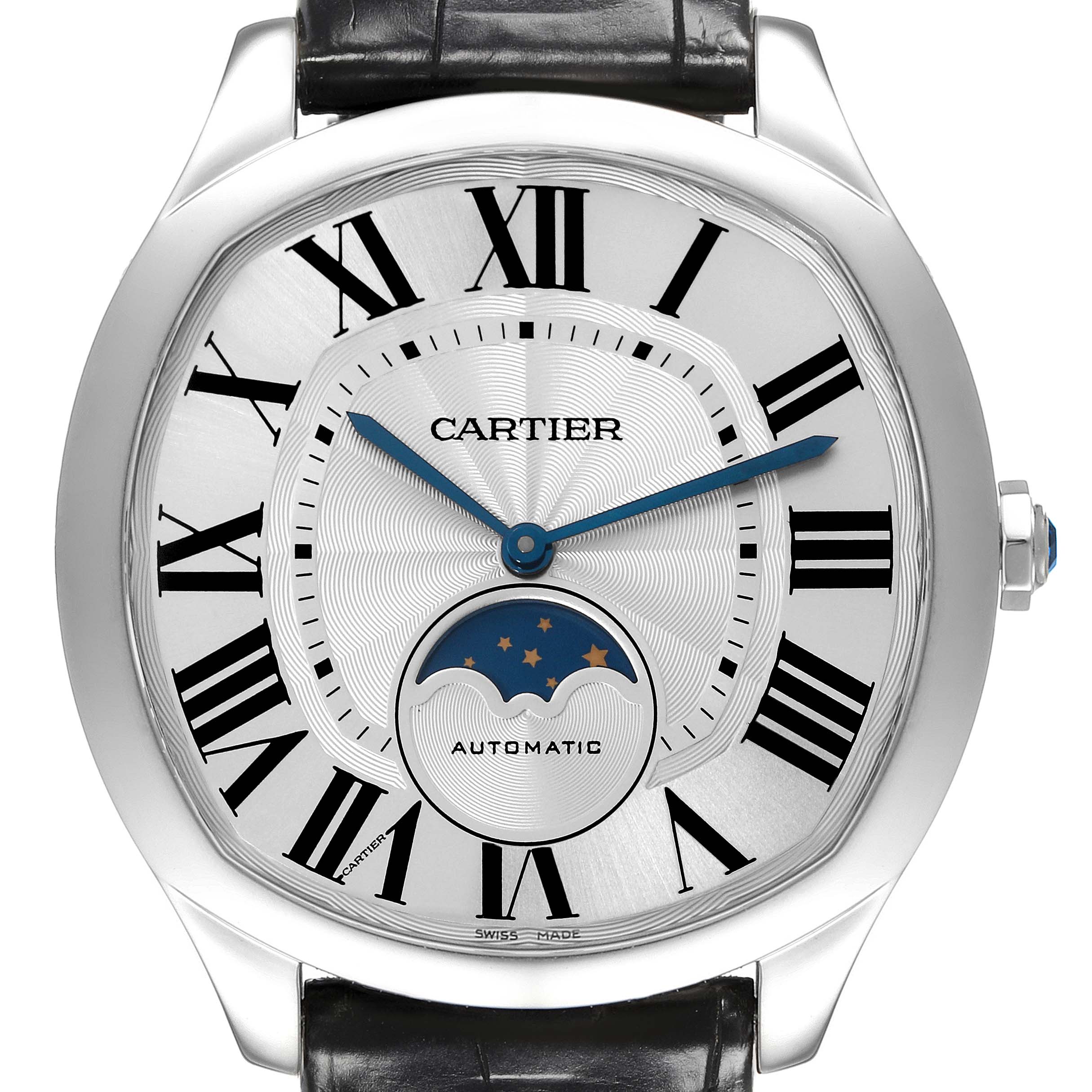 This image shows a Drive de Cartier watch by Cartier from a front angle, displaying its dial, Roman numerals, and moonphase complication.