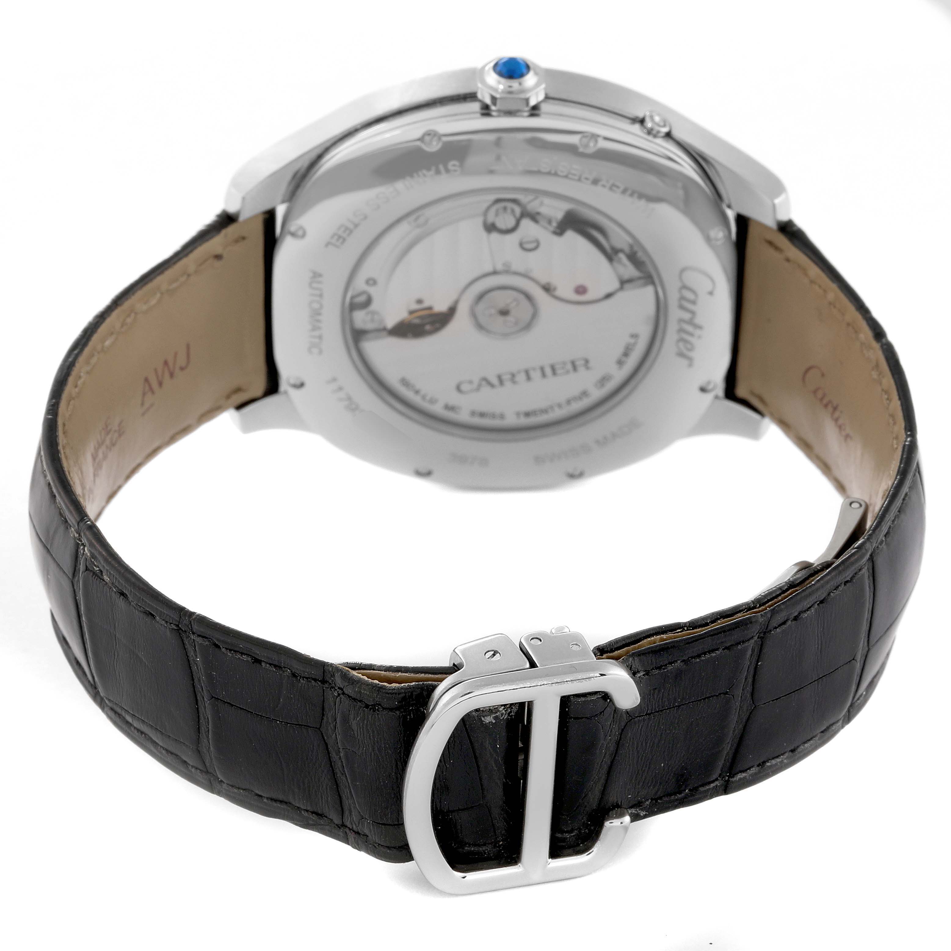 This Drive de Cartier model by Cartier is shown from the back, highlighting its movement and black leather strap with a silver buckle.