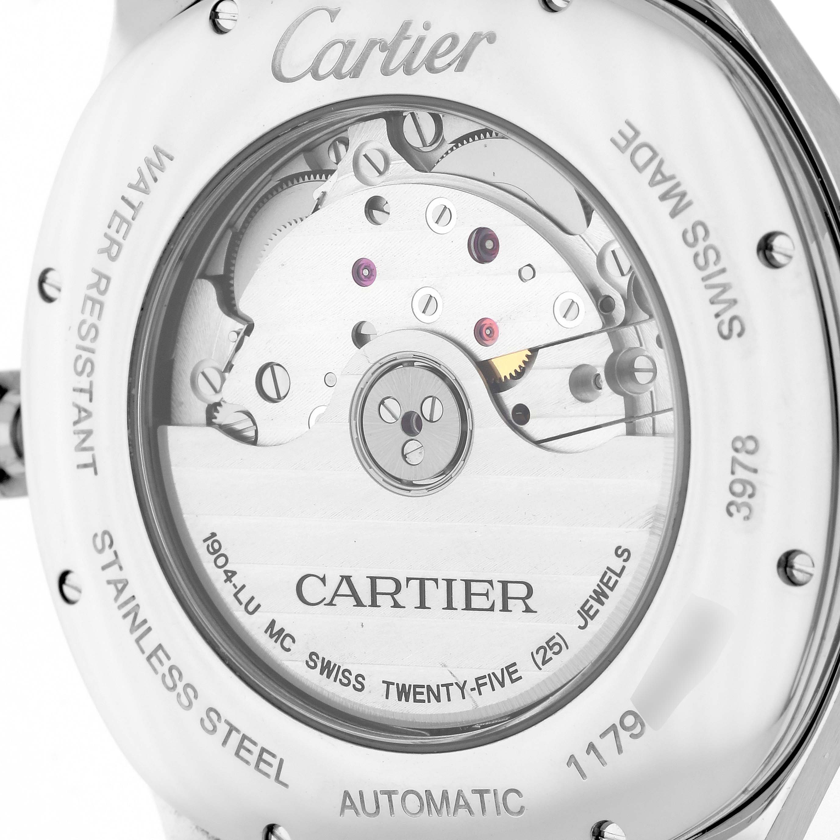 The image shows the back of a Drive de Cartier watch by Cartier, highlighting its automatic movement and internal mechanisms.