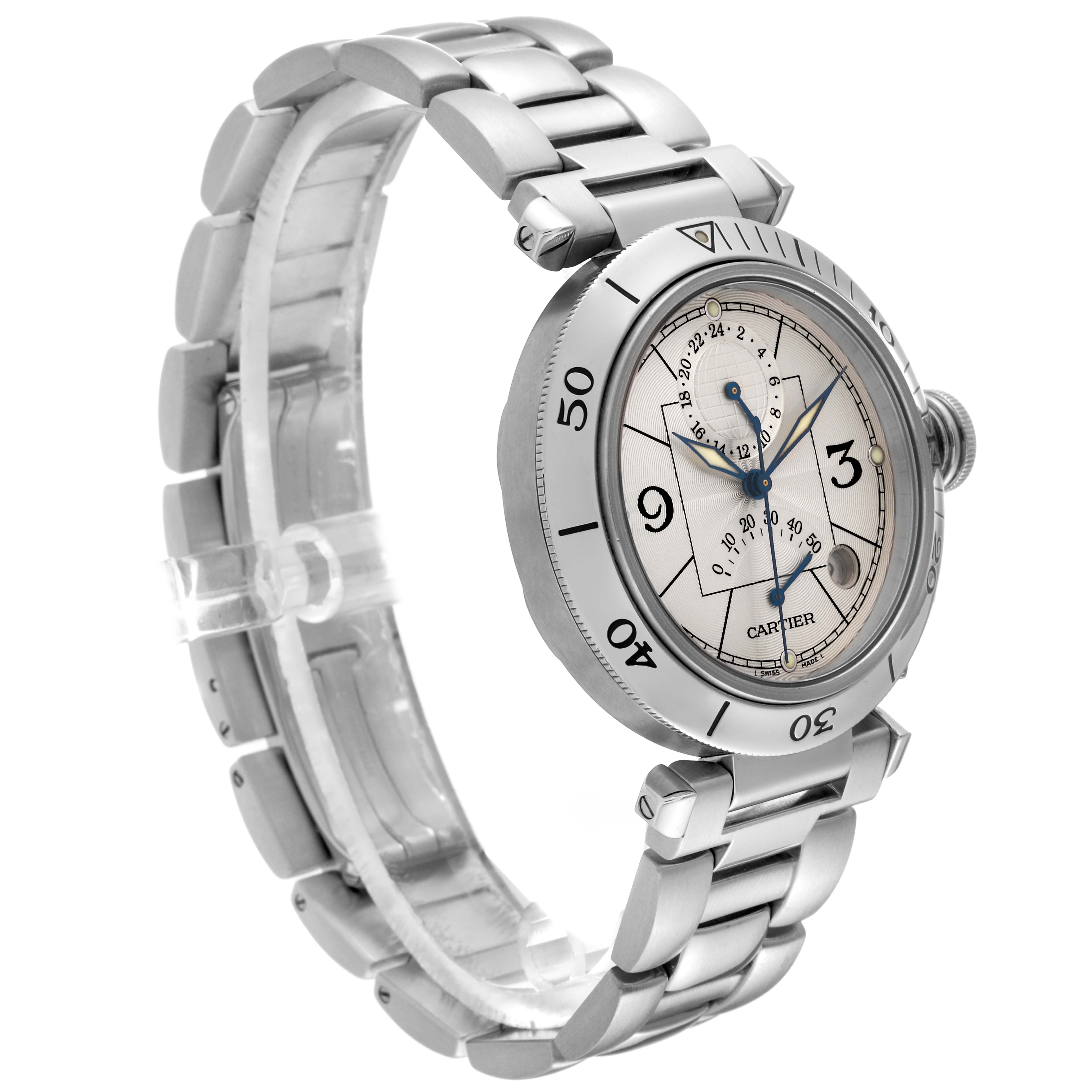 The Cartier Pasha W31037H3 Men's Stainless Steel Silver Dial W31037H3 Men's Stainless Steel Silver Dial watch is shown at an angled view, displaying its stainless steel case, bracelet, and white dial with large numerals.