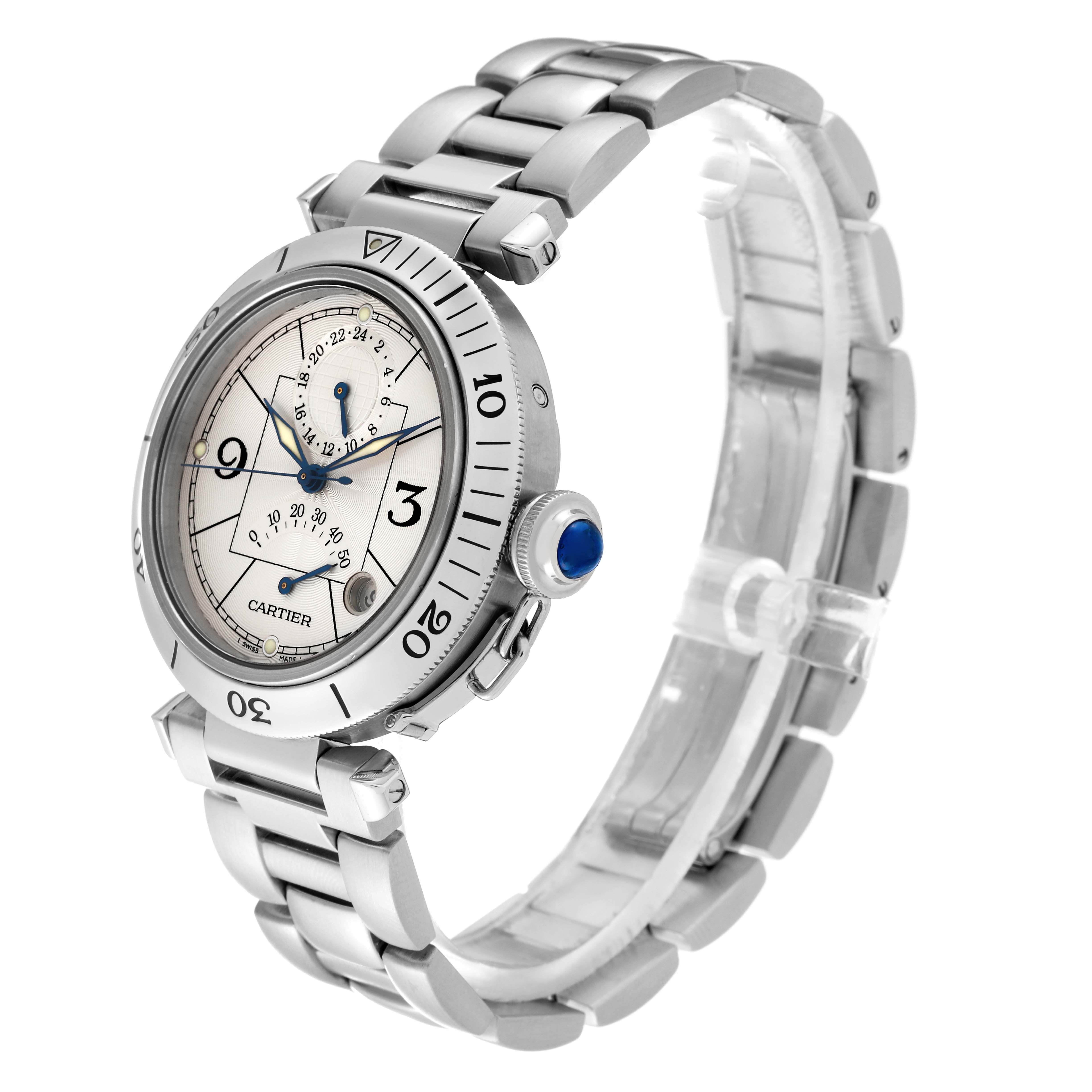 The Cartier Pasha W31037H3 Men's Stainless Steel Silver Dial W31037H3 Men's Stainless Steel Silver Dial watch is shown at an angled side view, highlighting its dial, bezel, and bracelet.