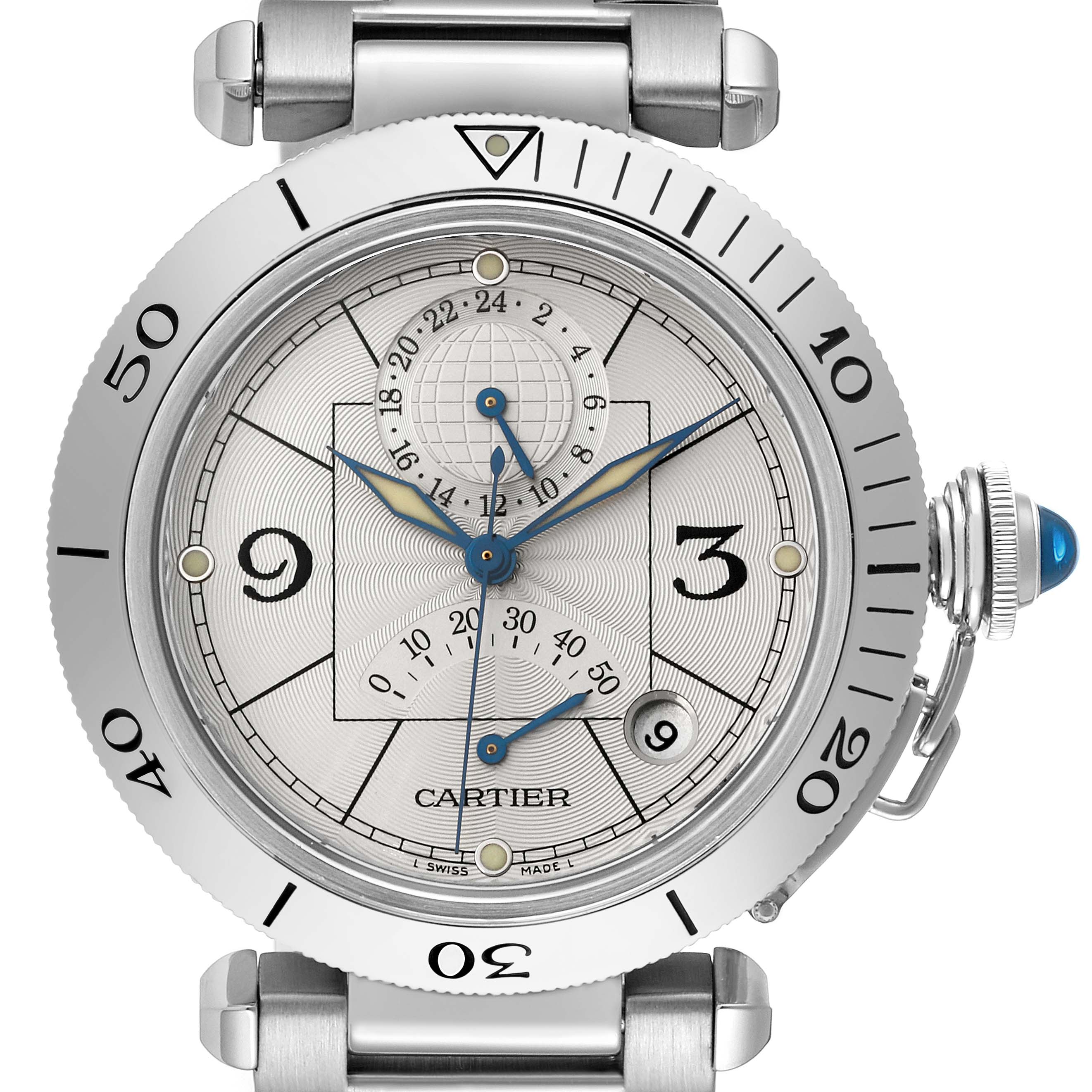 This image shows a close-up, front view of the Cartier Pasha W31037H3 Men's Stainless Steel Silver Dial W31037H3 Men's Stainless Steel Silver Dial watch, displaying the dial, bezel, and crown.