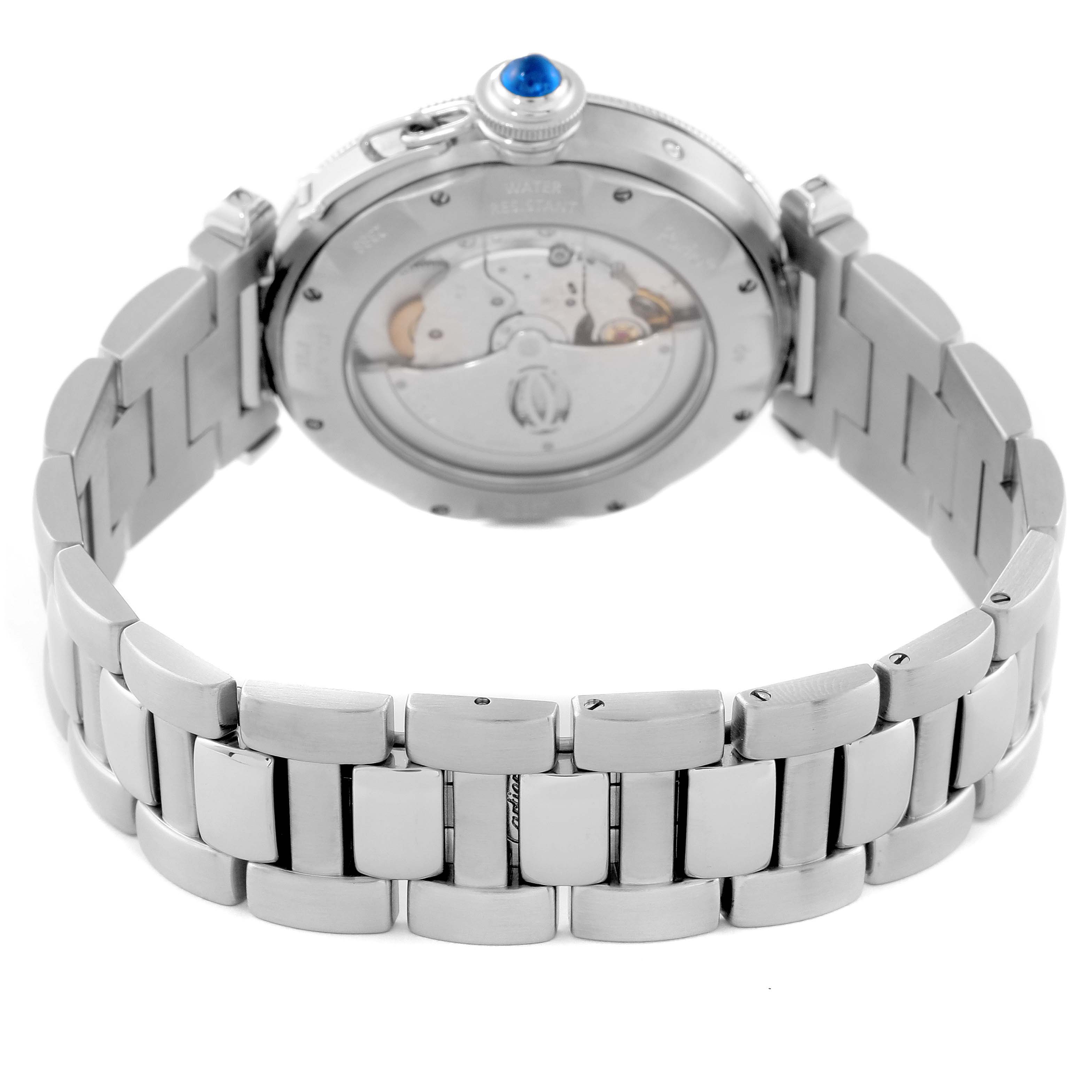 This image shows the backside and bracelet of a Cartier Pasha W31037H3 Men's Stainless Steel Silver Dial W31037H3 Men's Stainless Steel Silver Dial watch, highlighting the movement and the stainless steel bracelet.