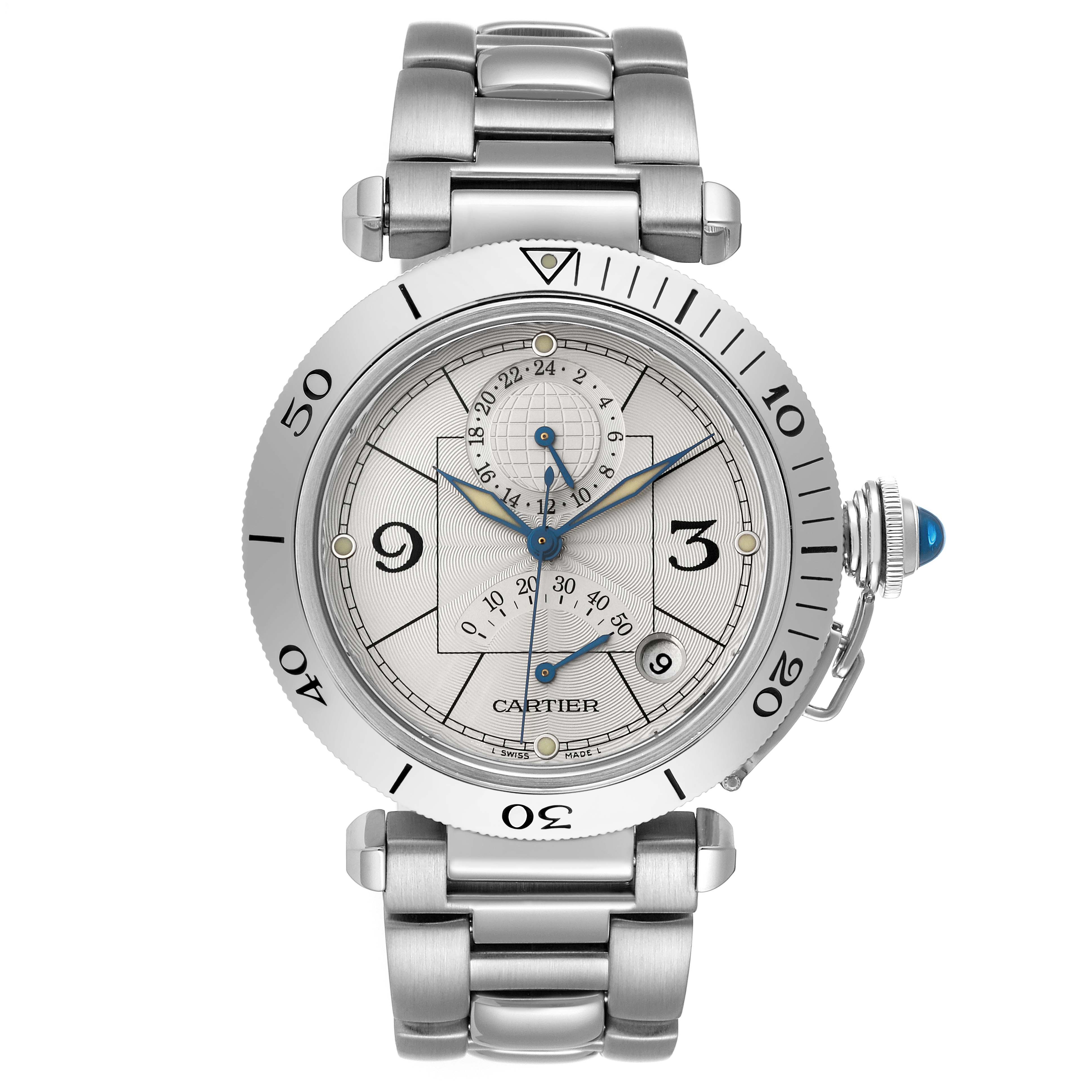 The image shows a Cartier Pasha W31037H3 Men's Stainless Steel Silver Dial W31037H3 Men's Stainless Steel Silver Dial model watch from a front angle, highlighting the dial, bezel, bracelet, and crown.