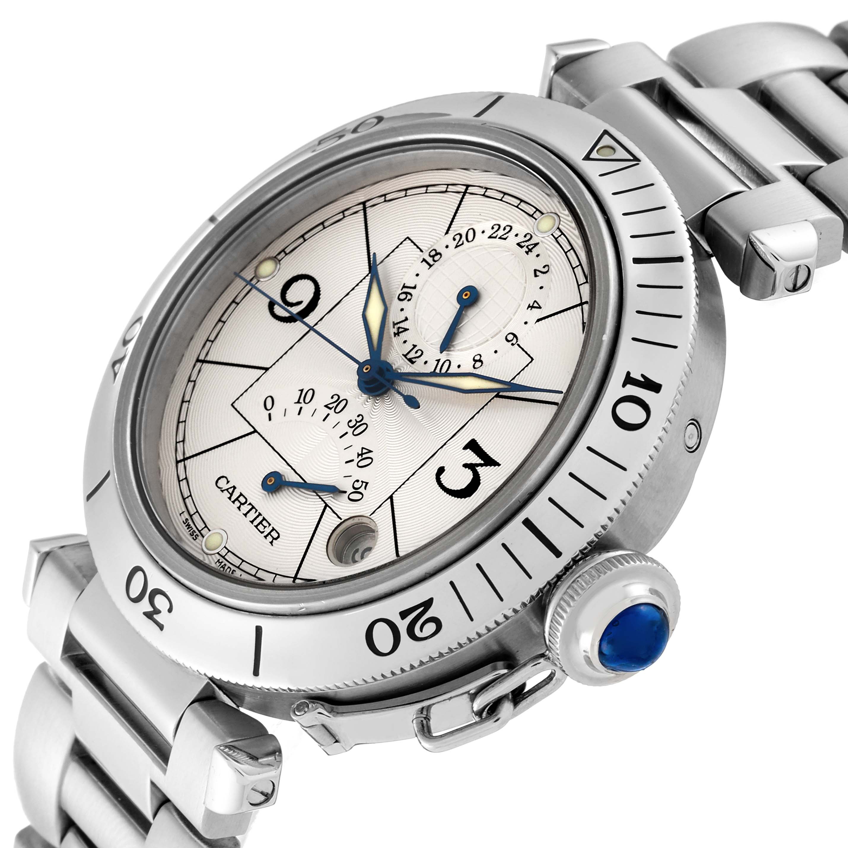 The image shows a Cartier Pasha W31037H3 Men's Stainless Steel Silver Dial W31037H3 Men's Stainless Steel Silver Dial watch at an angle displaying its dial, bezel, crown, and part of the metal bracelet.