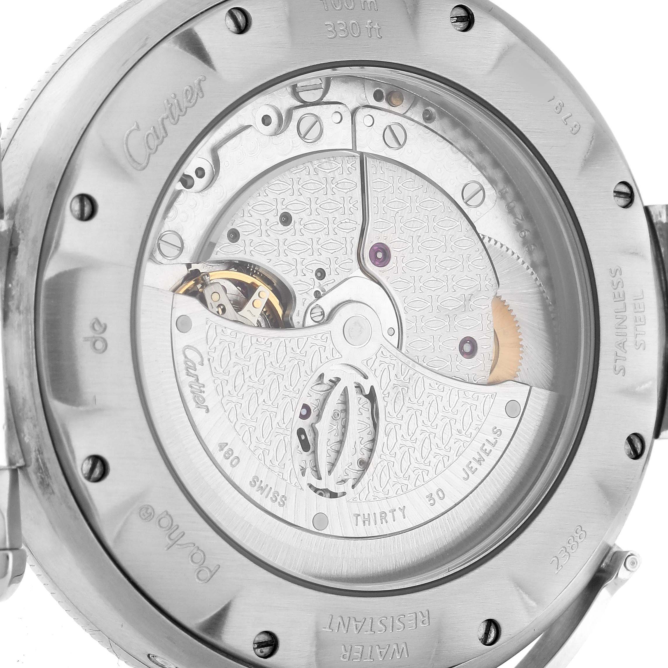This image shows the back of a Cartier Pasha W31037H3 Men's Stainless Steel Silver Dial W31037H3 Men's Stainless Steel Silver Dial watch, highlighting its automatic movement and intricate interior design.