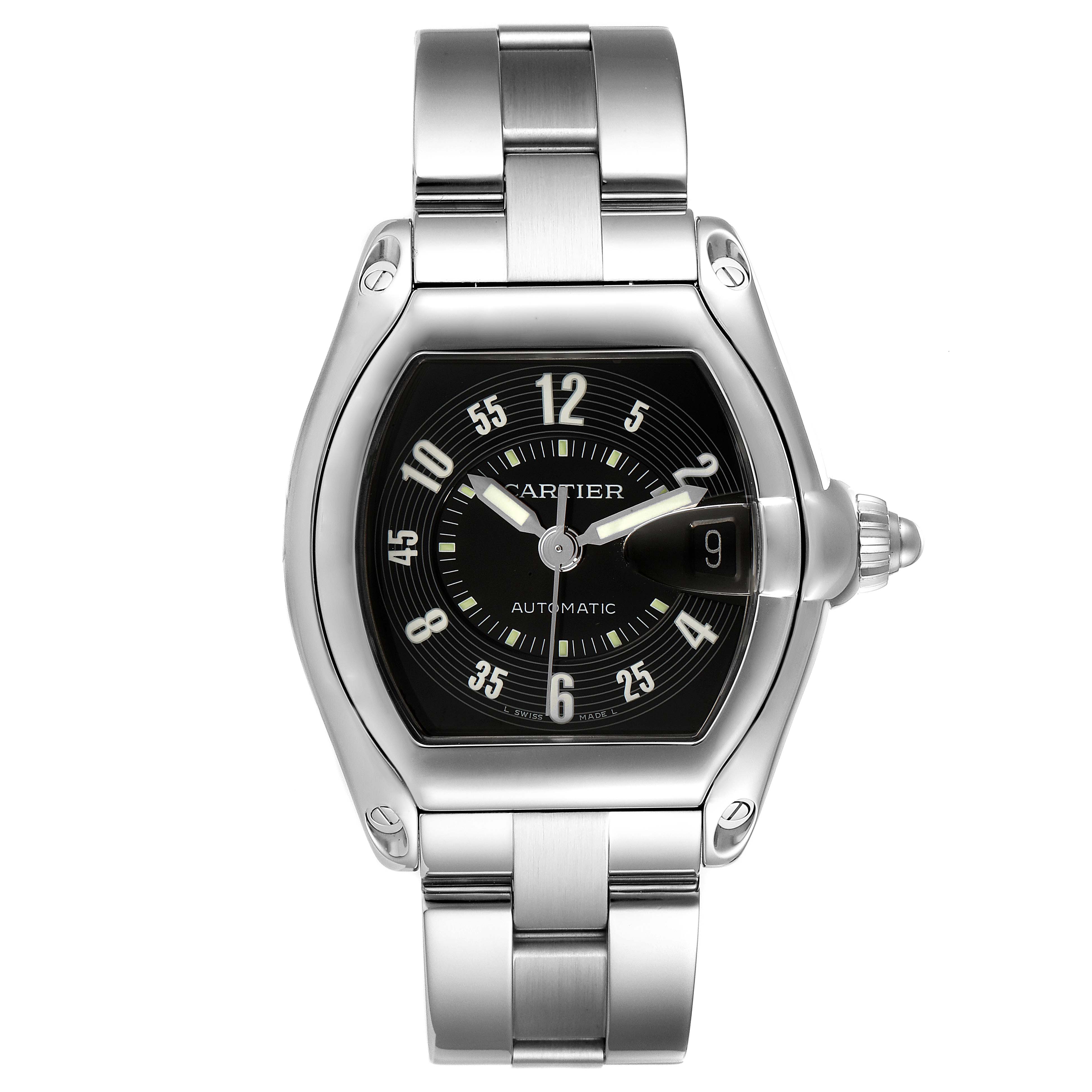 The image shows a front view of the Cartier Roadster W62004V3 Men
s Stainless Steel Black Dial W62004V3 Men
s Stainless Steel Black Dial watch, featuring its face, case, and stainless steel bracelet.