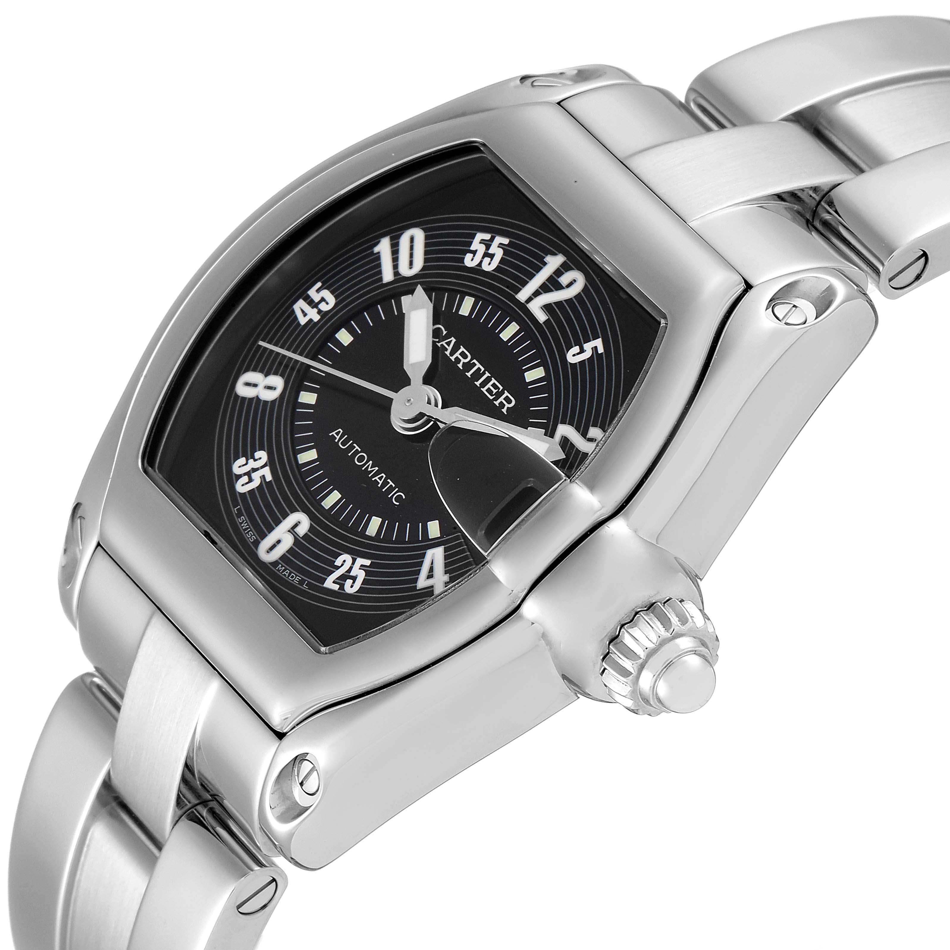 The image shows a Cartier Roadster W62004V3 Men
s Stainless Steel Black Dial W62004V3 Men
s Stainless Steel Black Dial watch angled to display the dial, crown, and part of the metal bracelet.