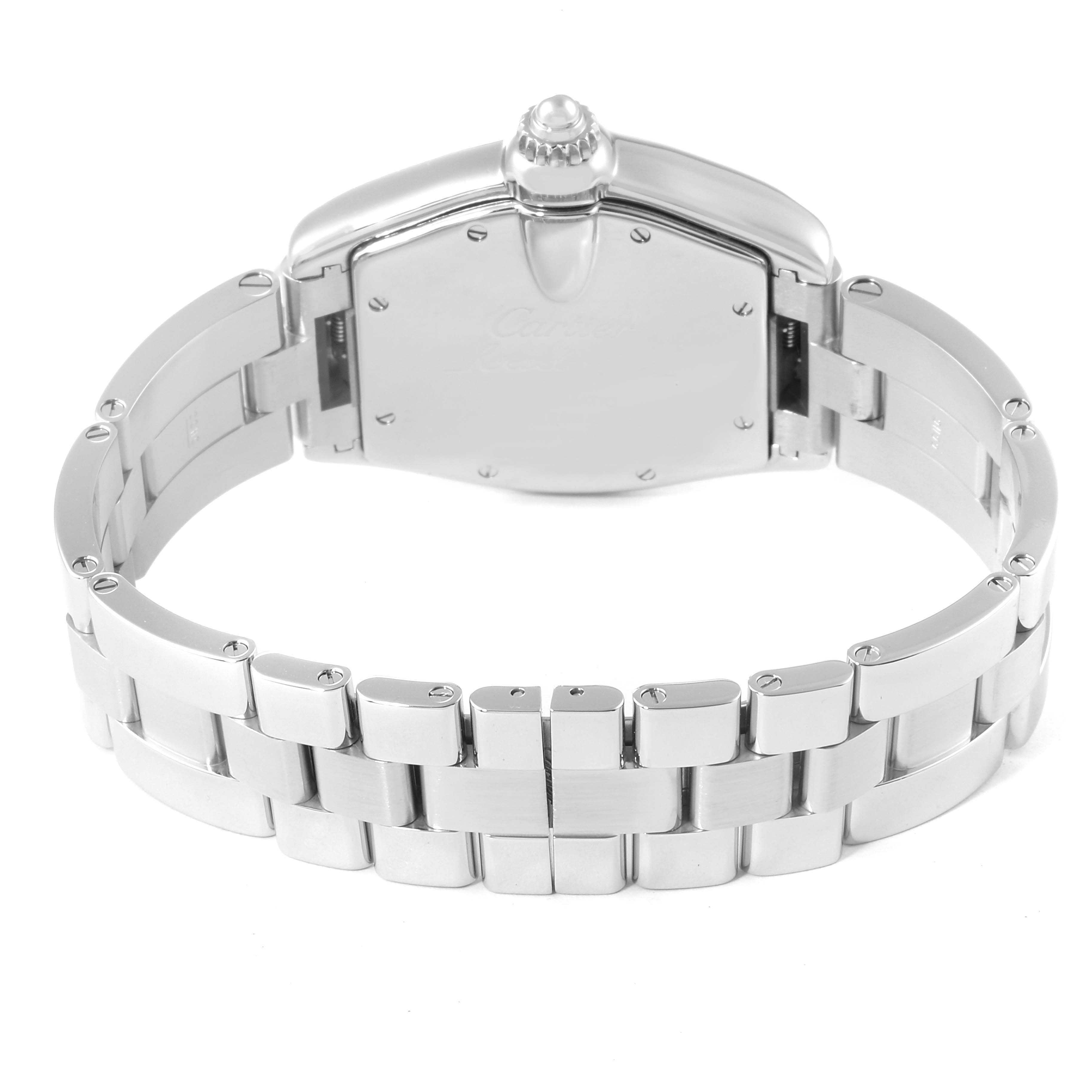 The image shows the back view of the Cartier Roadster W62004V3 Men
s Stainless Steel Black Dial W62004V3 Men
s Stainless Steel Black Dial watch, including the case back and stainless steel bracelet.