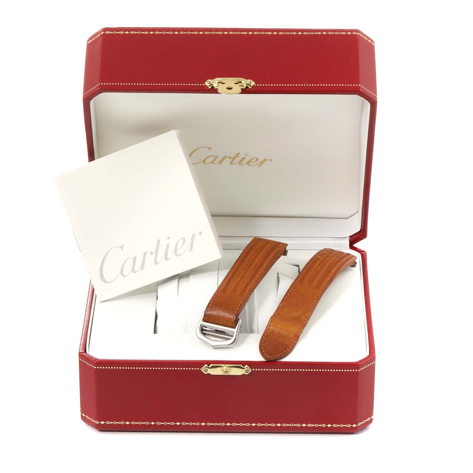 The image shows replacement straps and packaging for the Cartier Roadster W62004V3 Men
s Stainless Steel Black Dial W62004V3 Men
s Stainless Steel Black Dial watch, along with the brand
s booklet, inside a red box.
