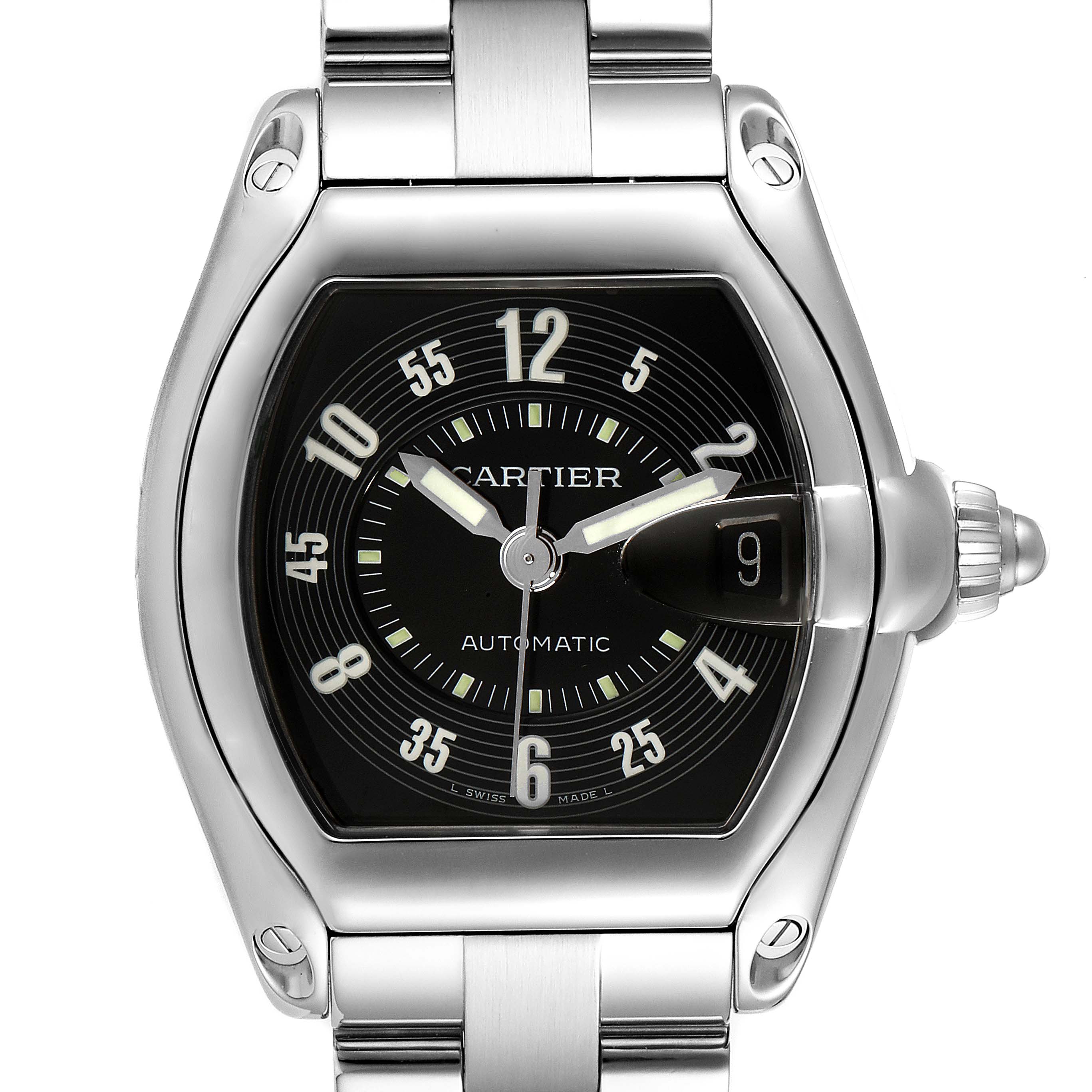 This image shows a frontal view of the Cartier Roadster W62004V3 Men
s Stainless Steel Black Dial W62004V3 Men
s Stainless Steel Black Dial watch, highlighting the face, case, and part of the bracelet.