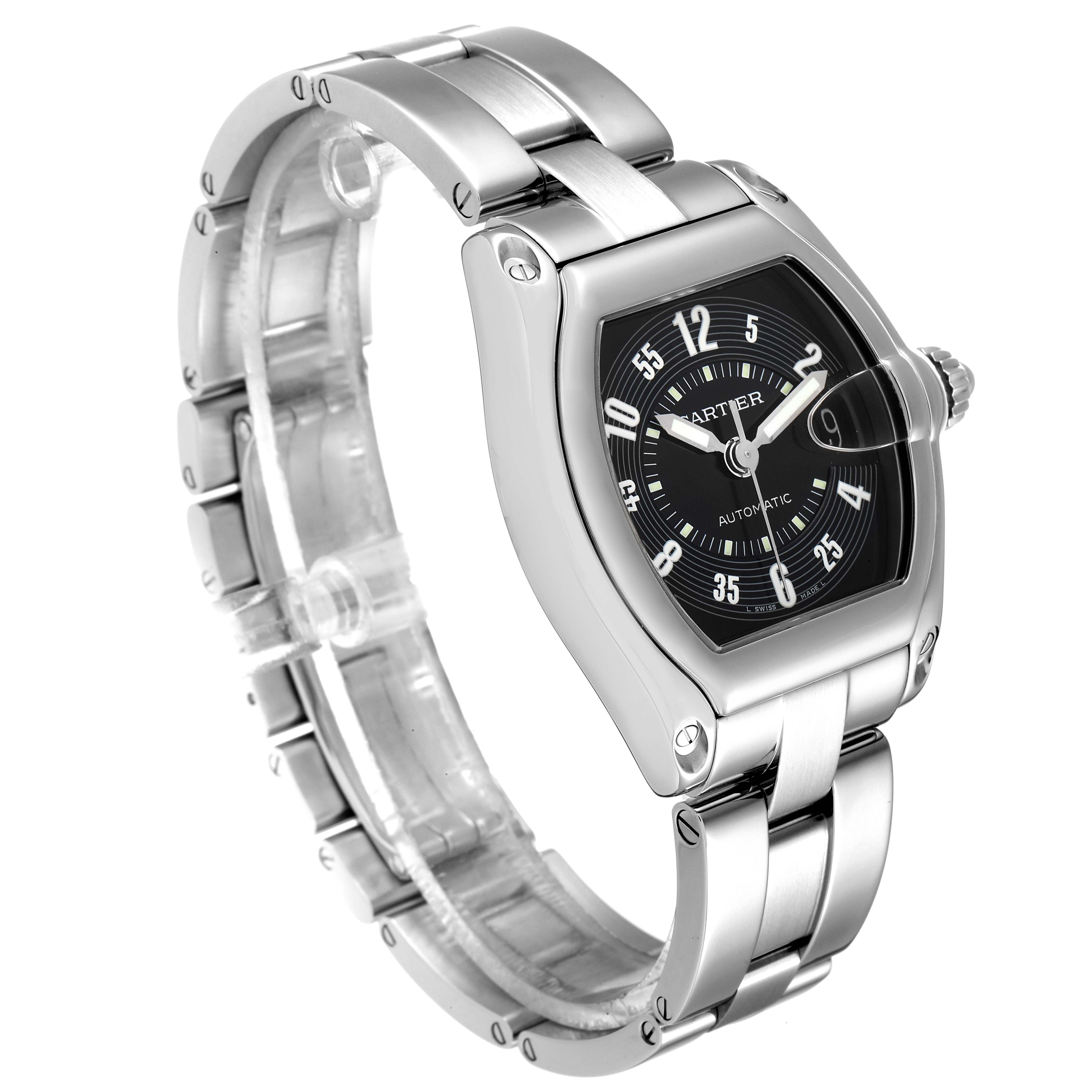 This image shows a Cartier Roadster W62004V3 Men
s Stainless Steel Black Dial W62004V3 Men
s Stainless Steel Black Dial watch at an oblique angle, highlighting the face, case, and bracelet.