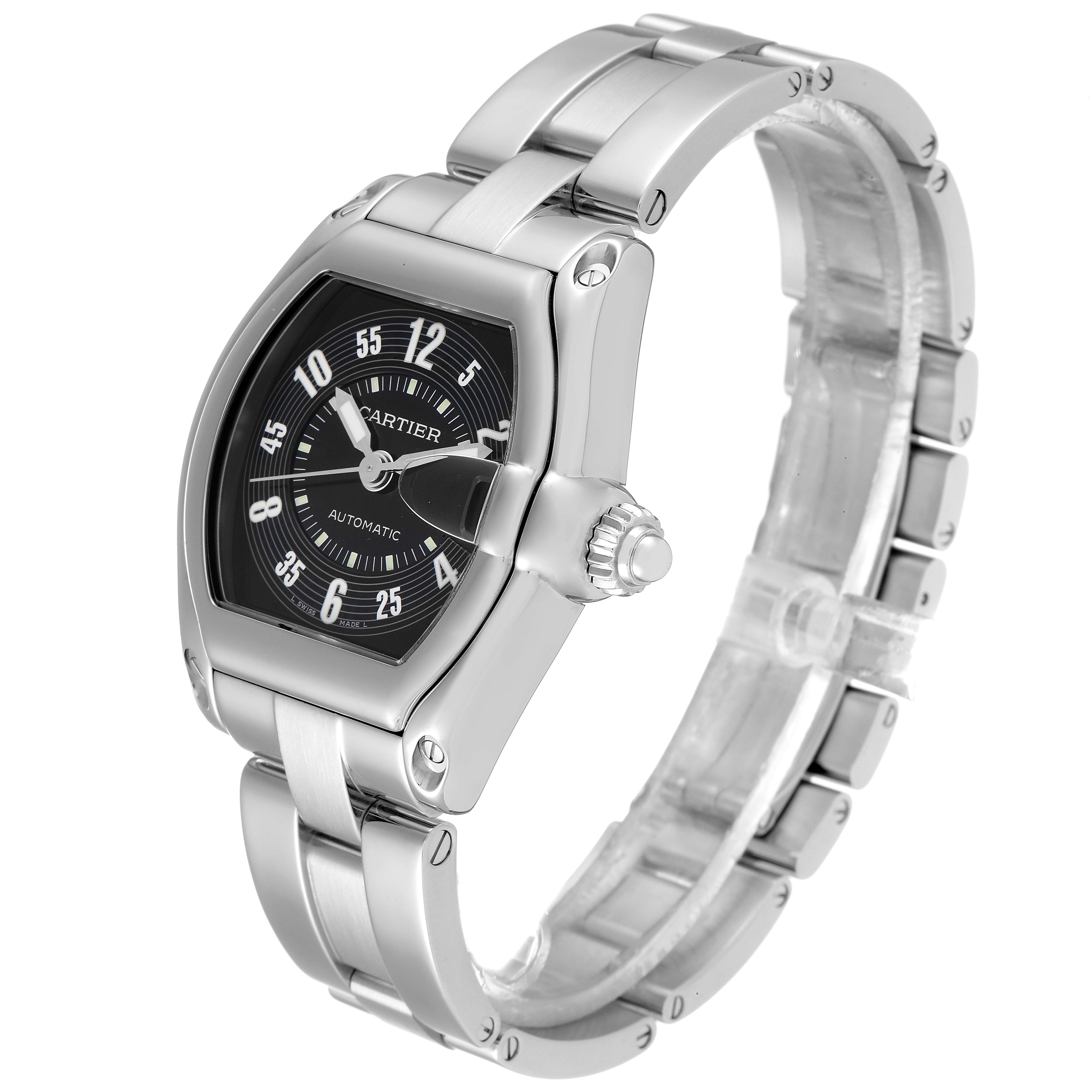 The image shows a Cartier Roadster W62004V3 Men
s Stainless Steel Black Dial W62004V3 Men
s Stainless Steel Black Dial watch at a three-quarter angle, highlighting the face, crown, and metal bracelet.