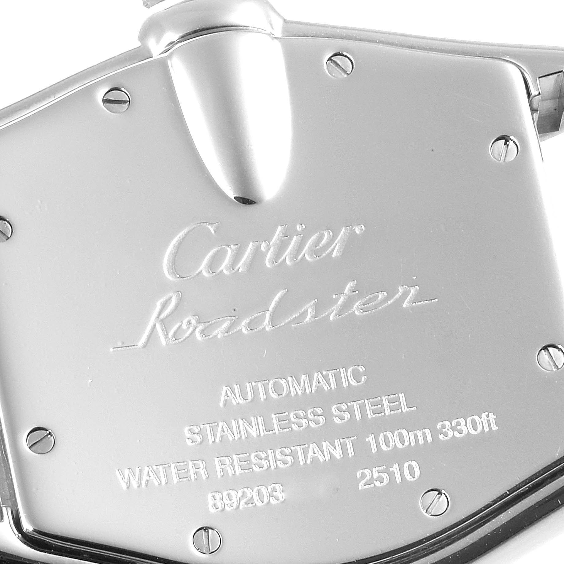 The image shows the back of a Cartier Roadster W62004V3 Men
s Stainless Steel Black Dial W62004V3 Men
s Stainless Steel Black Dial watch, displaying the model specifications and brand engraving.