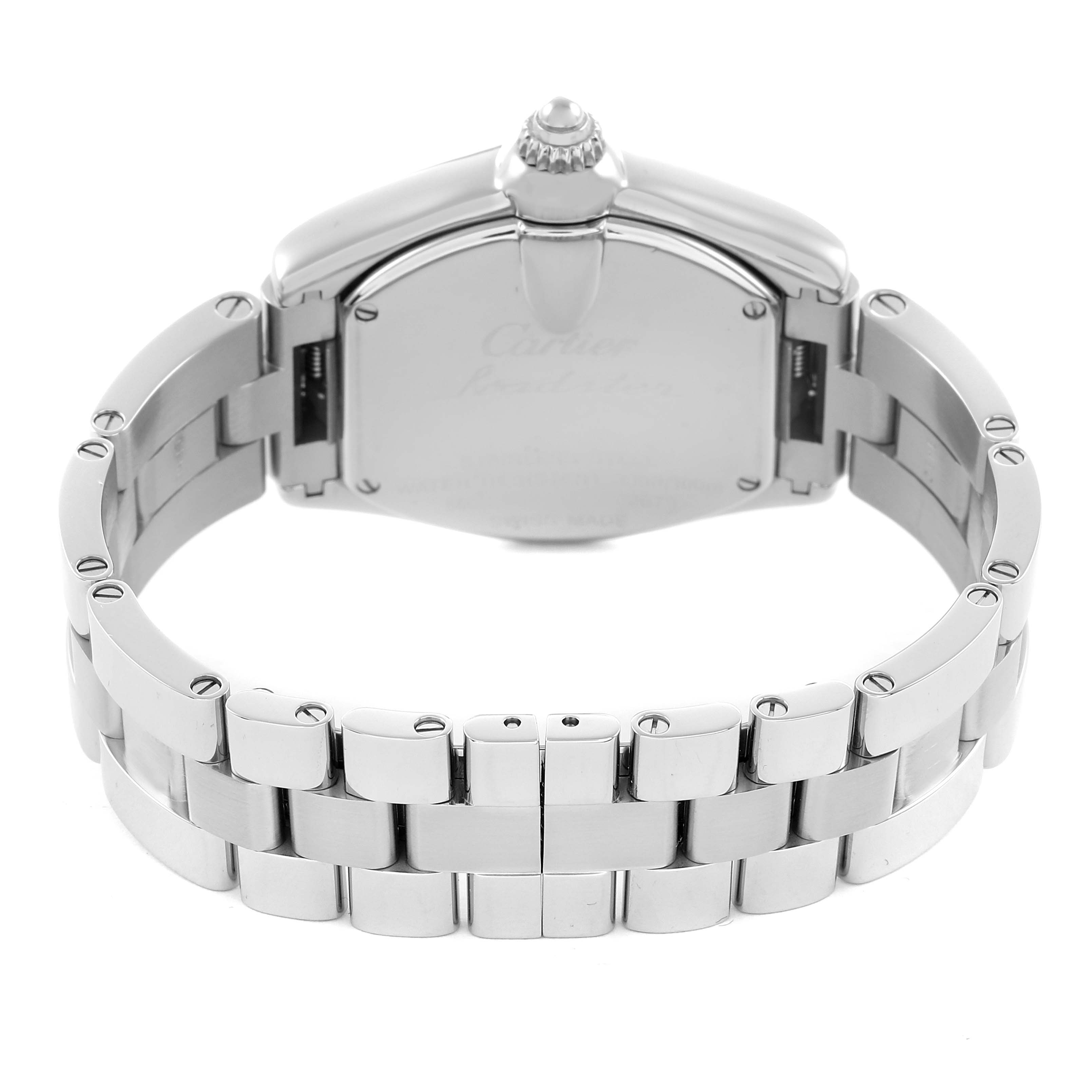 The image shows the back view of a Cartier Roadster W62016V3 Women
s Stainless Steel Silver Dial watch, focusing on the case and bracelet.
