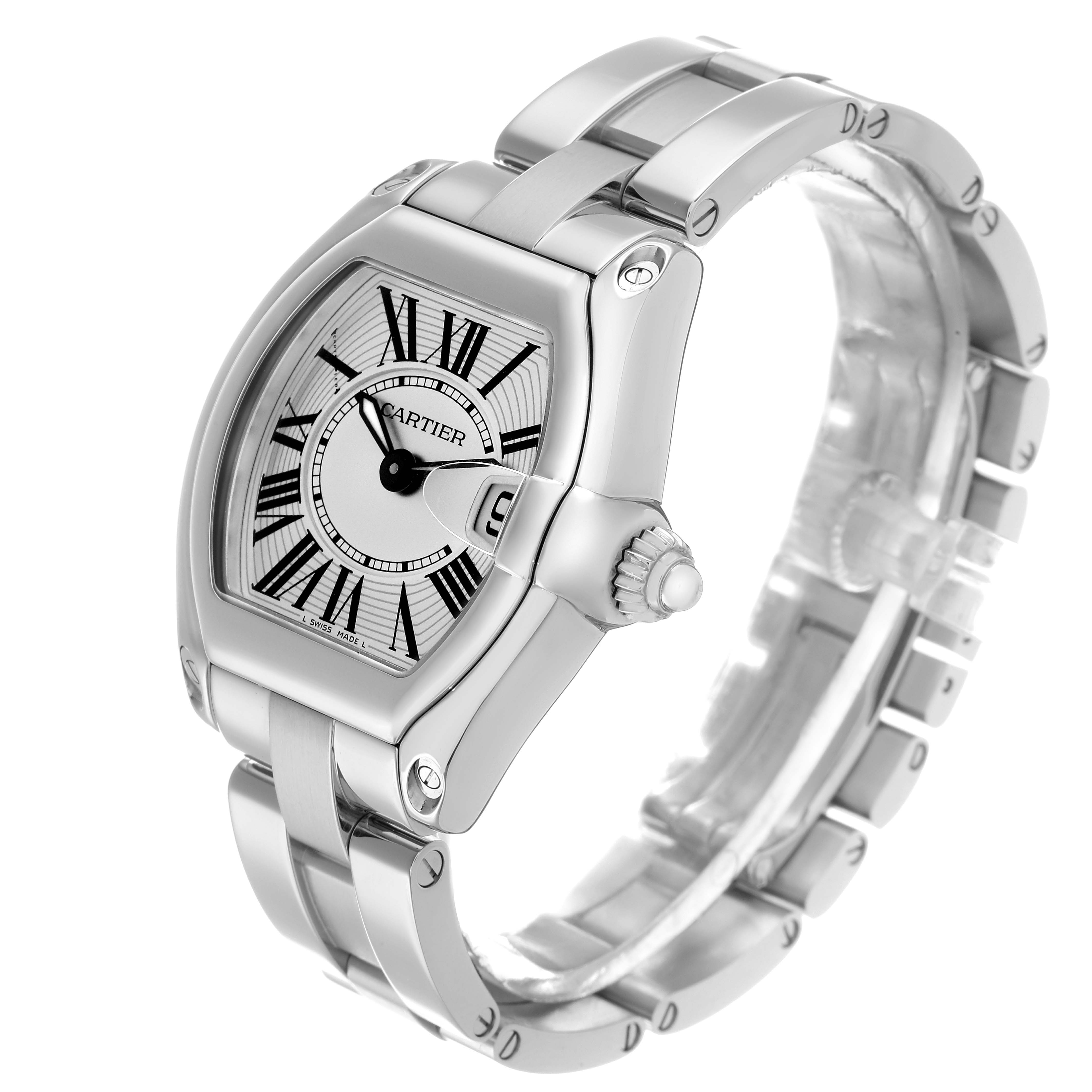 The Cartier Roadster W62016V3 Women
s Stainless Steel Silver Dial watch is shown at a three-quarter angle, highlighting the dial, crown, and bracelet links.